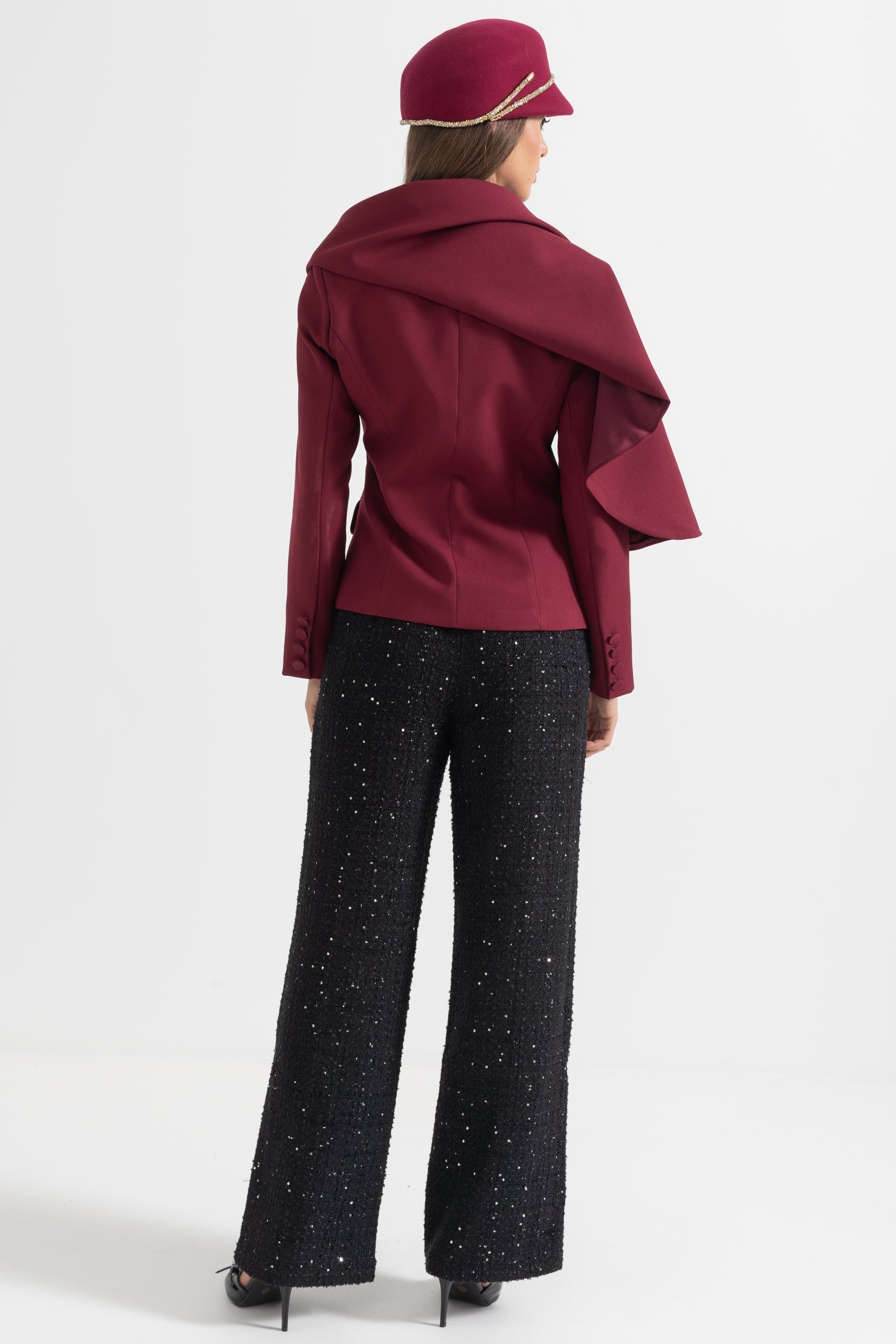 Blazer moderne avec écharpe drapée asymétrique - Bordeaux 