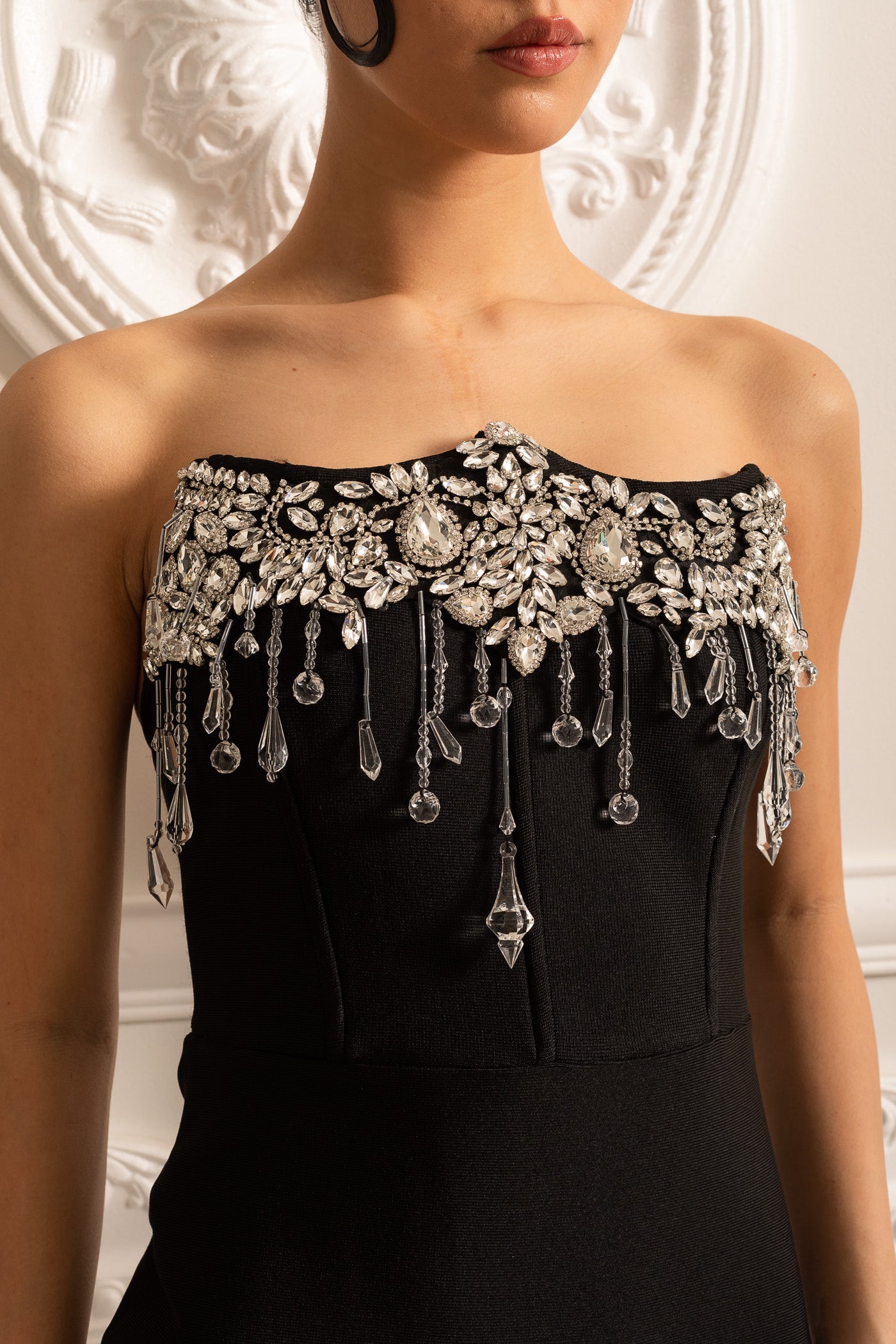 Elegant Fitted Corset Dress With Sparkling Silver Embellishments - Black