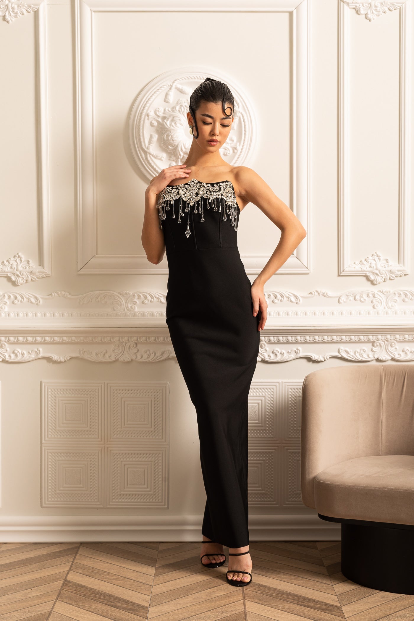 Elegant Fitted Corset Dress With Sparkling Silver Embellishments - Black