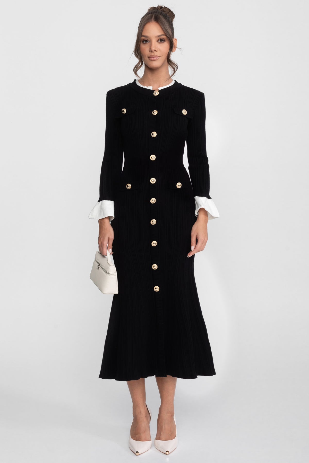 Robe midi en maille côtelée avec poignets et col blancs - Noir 