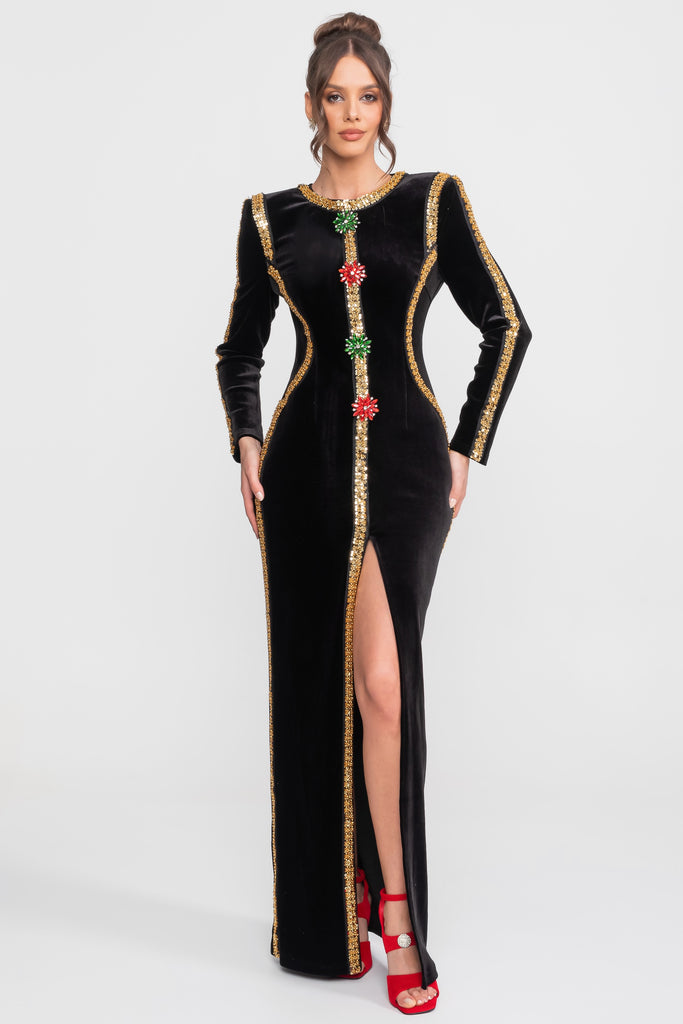 Robe Maxi en velours avec bordure en sequins dorés et détail broche en cristal - Noir 