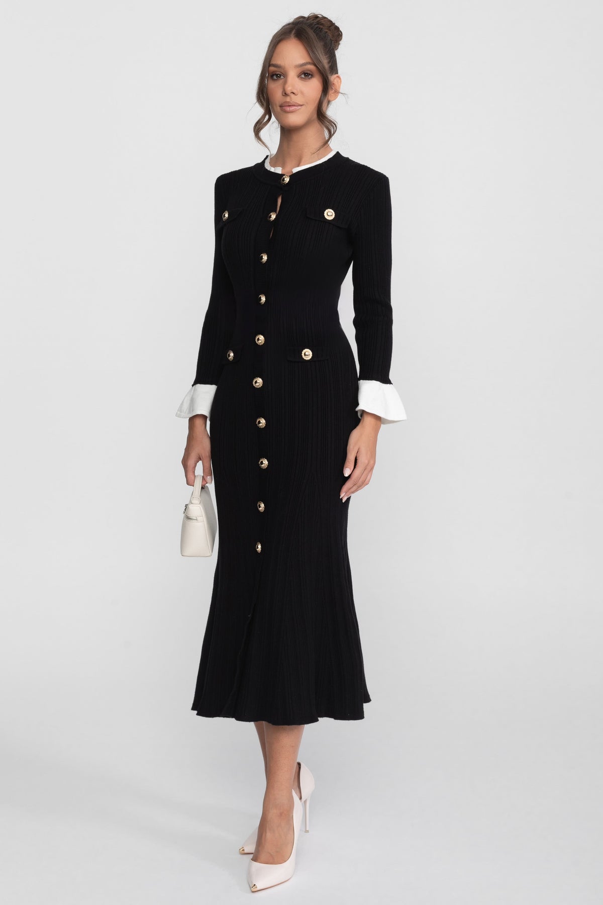 Robe midi en maille côtelée avec poignets et col blancs - Noir 