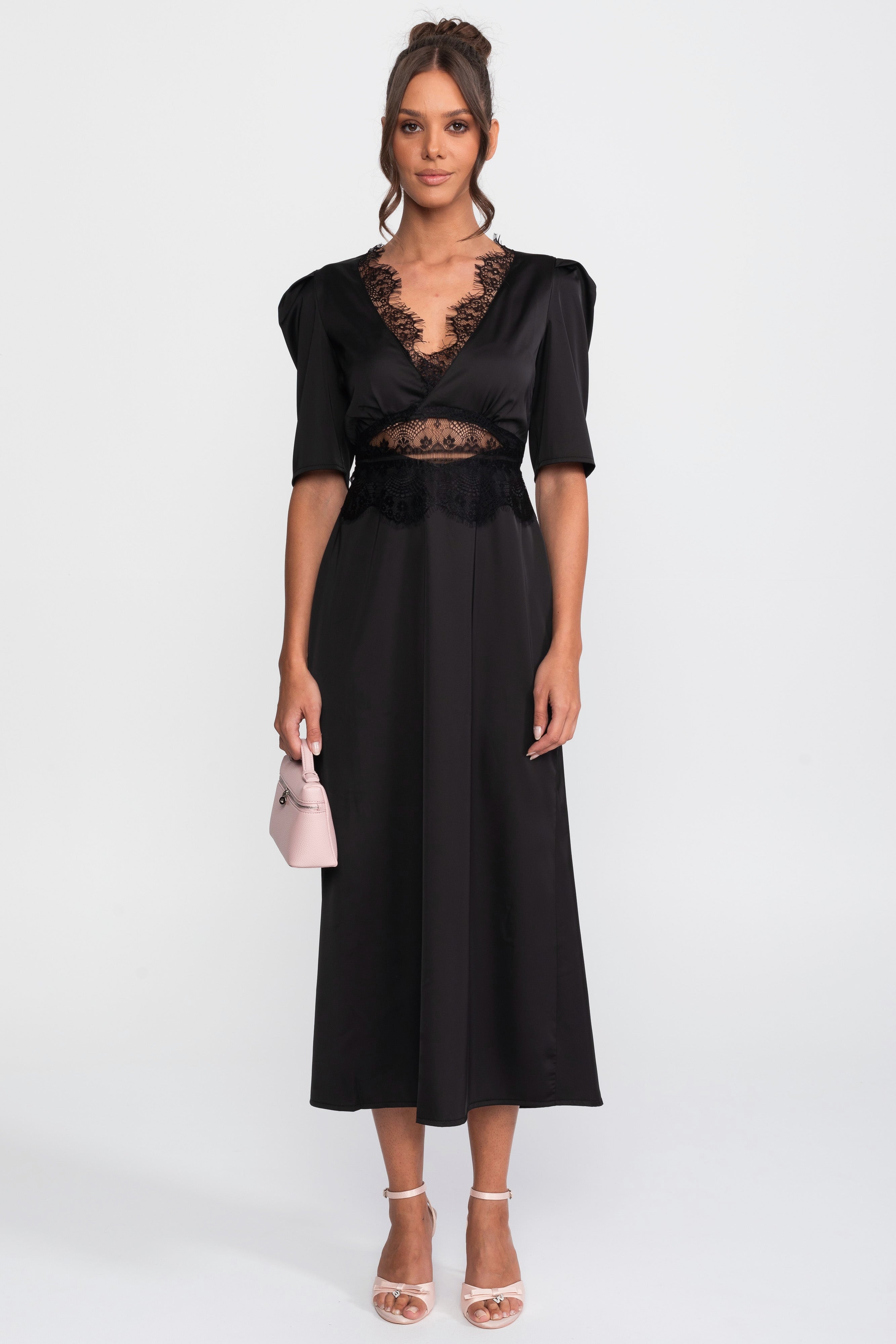 Robe midi à pois avec bordure en dentelle et manches bouffantes - Noir 