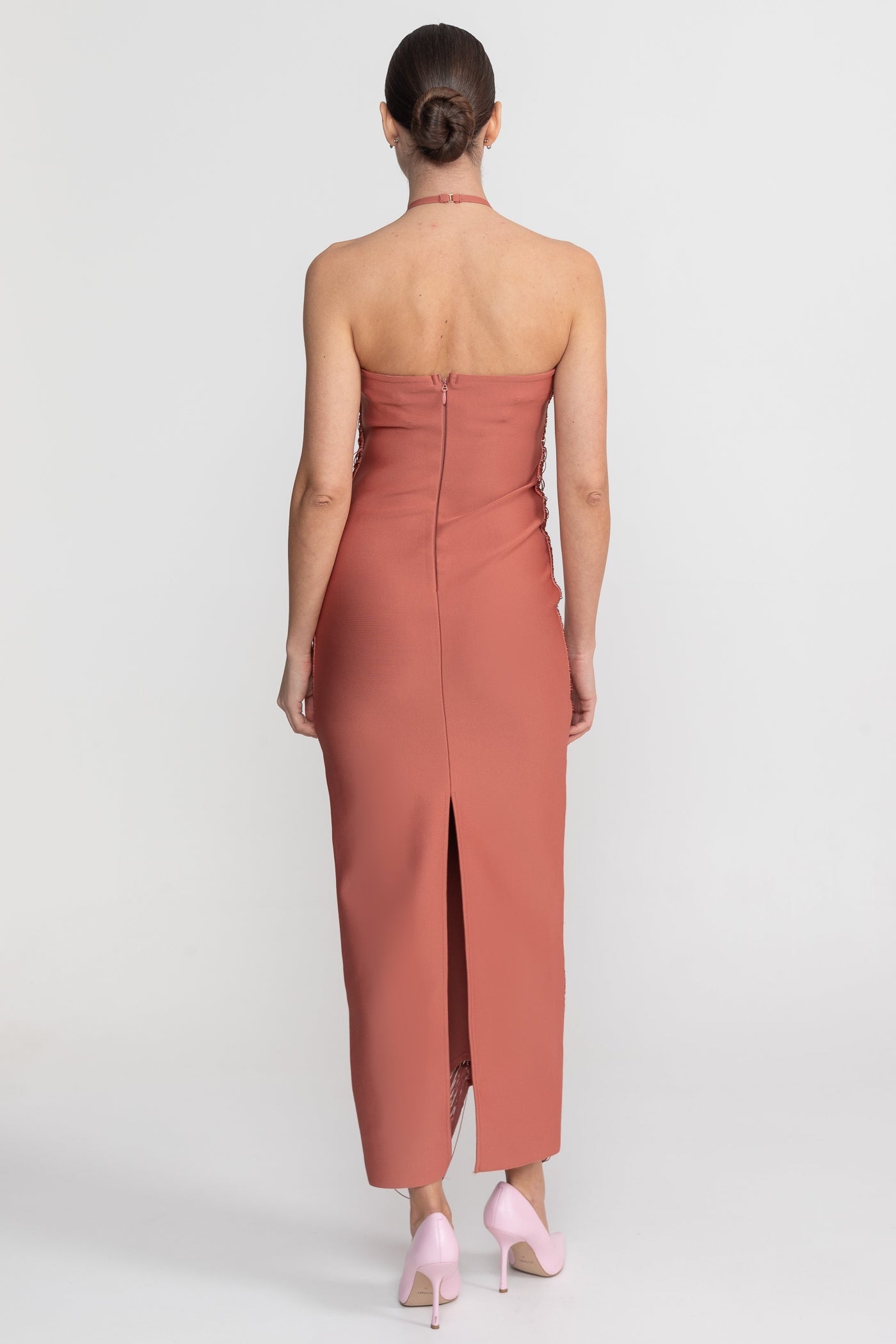 Robe midi à col licou avec texture plissée intégrale - Marron clair 