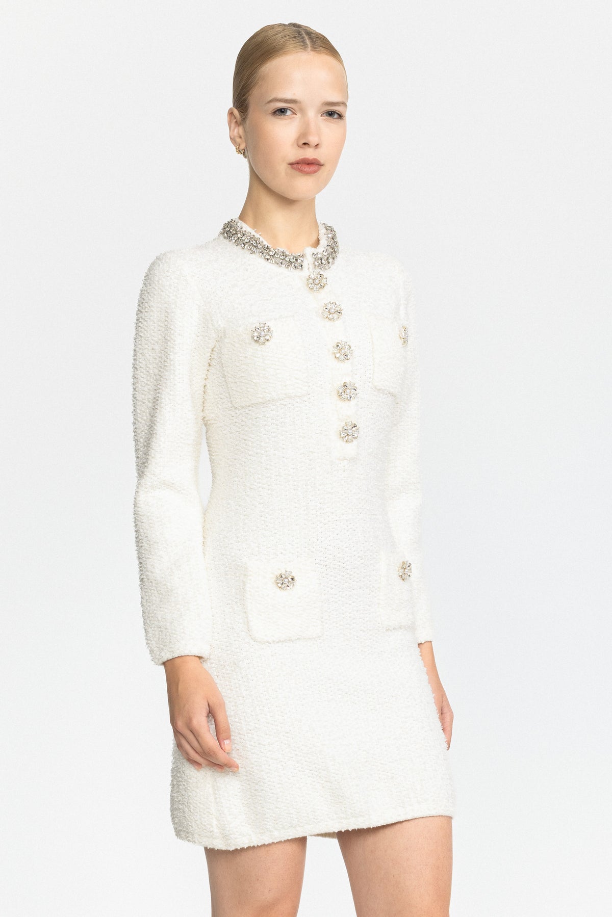 Robe mini en maille bouclée à col orné de cristaux - Blanc 