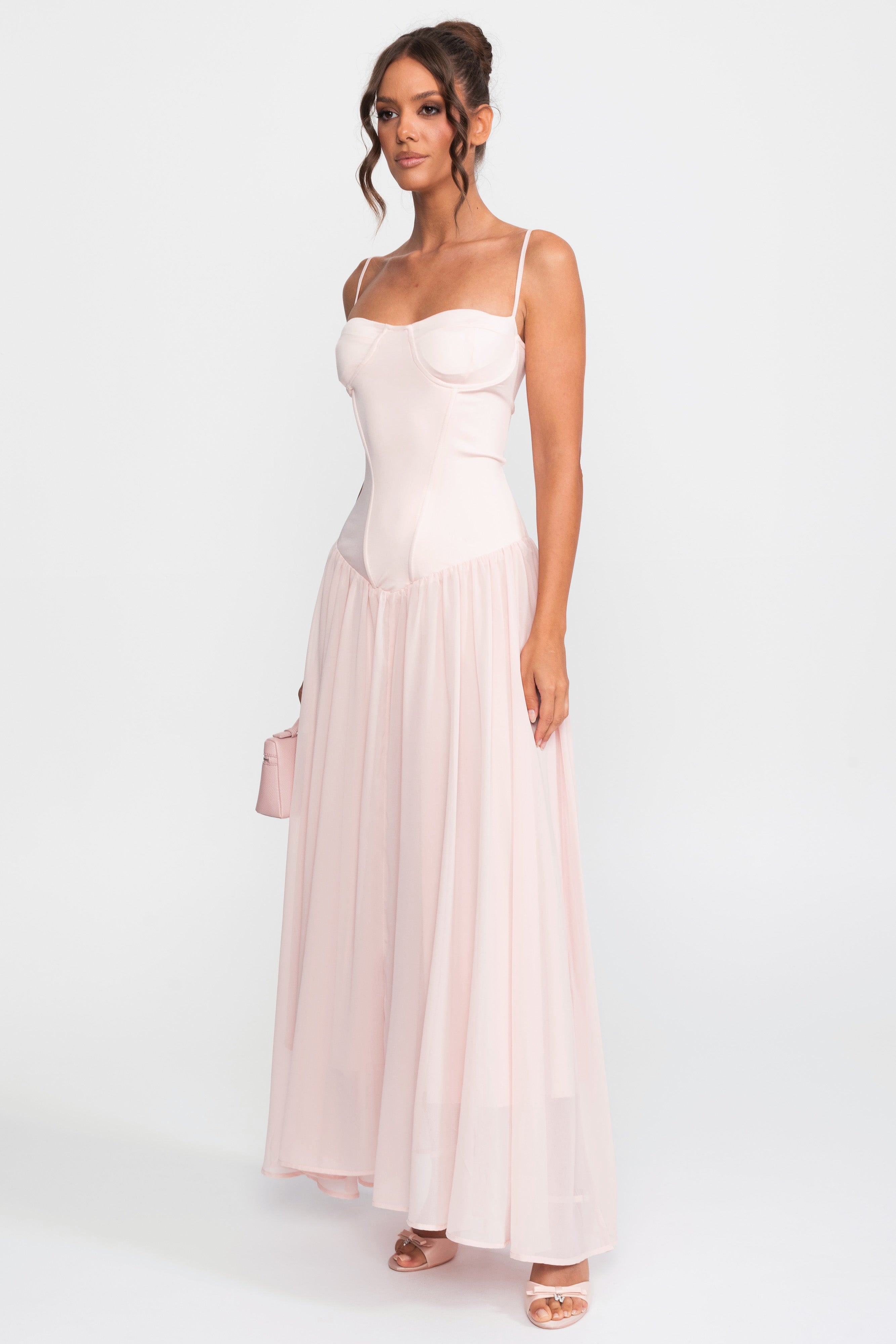 Robe en mousseline avec corsage corset et taille basse - Rose 