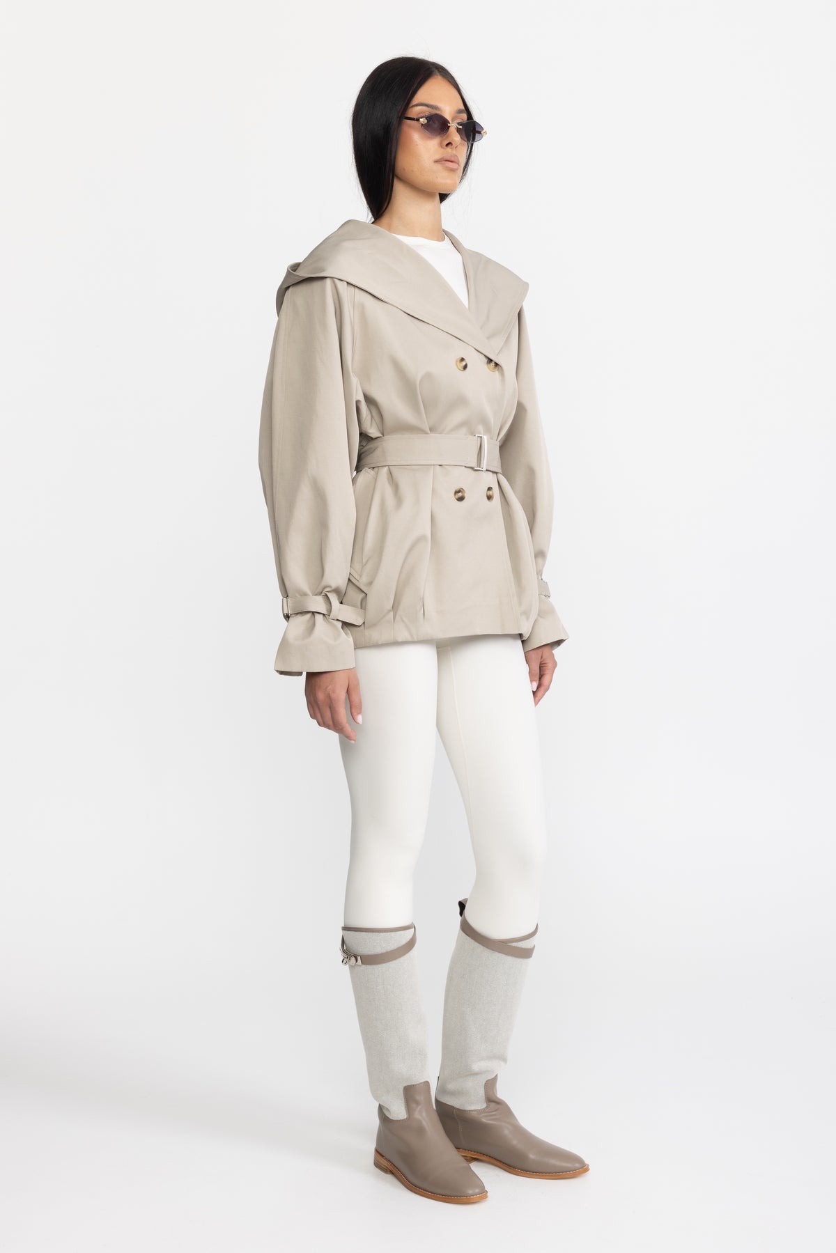 Hooded Double-Breasted Belted Trench Jacket - Stone