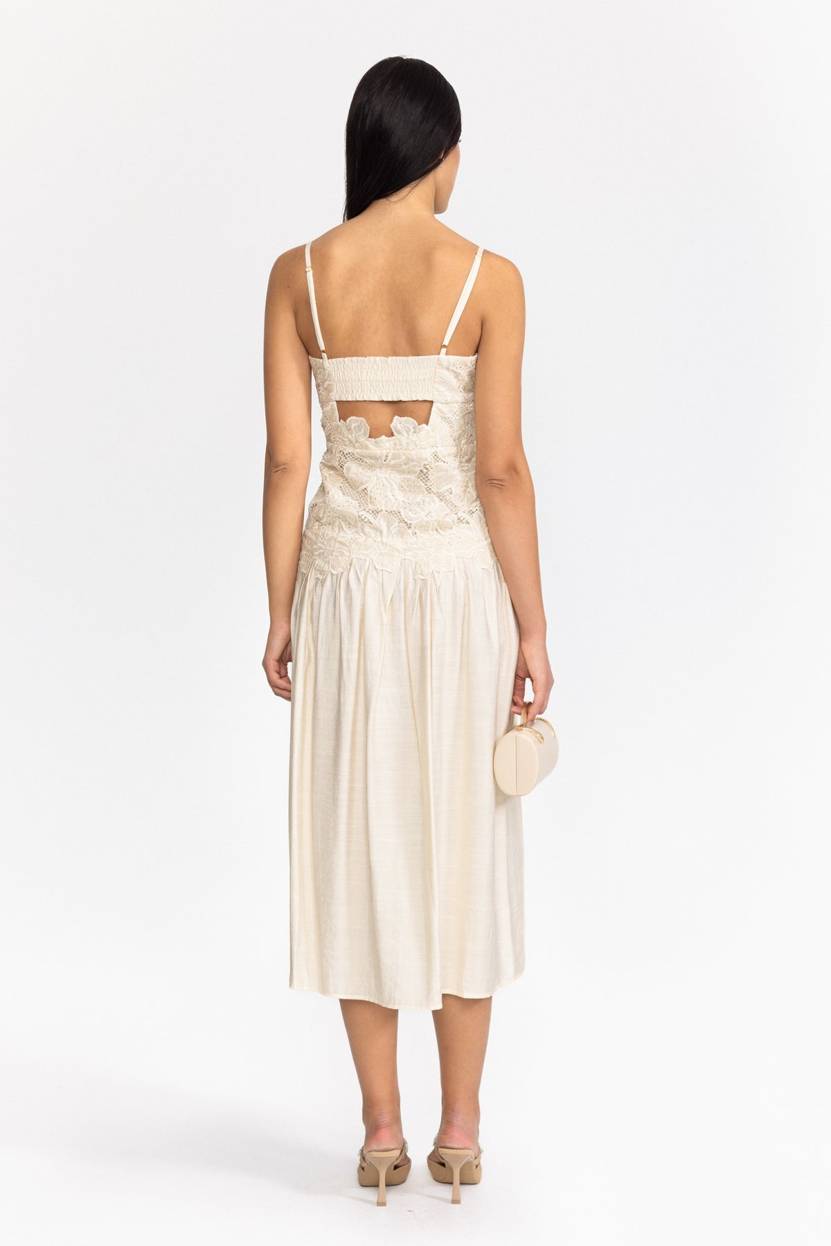 Robe midi à taille basse ornée d’appliqués floraux - blanc cassé 