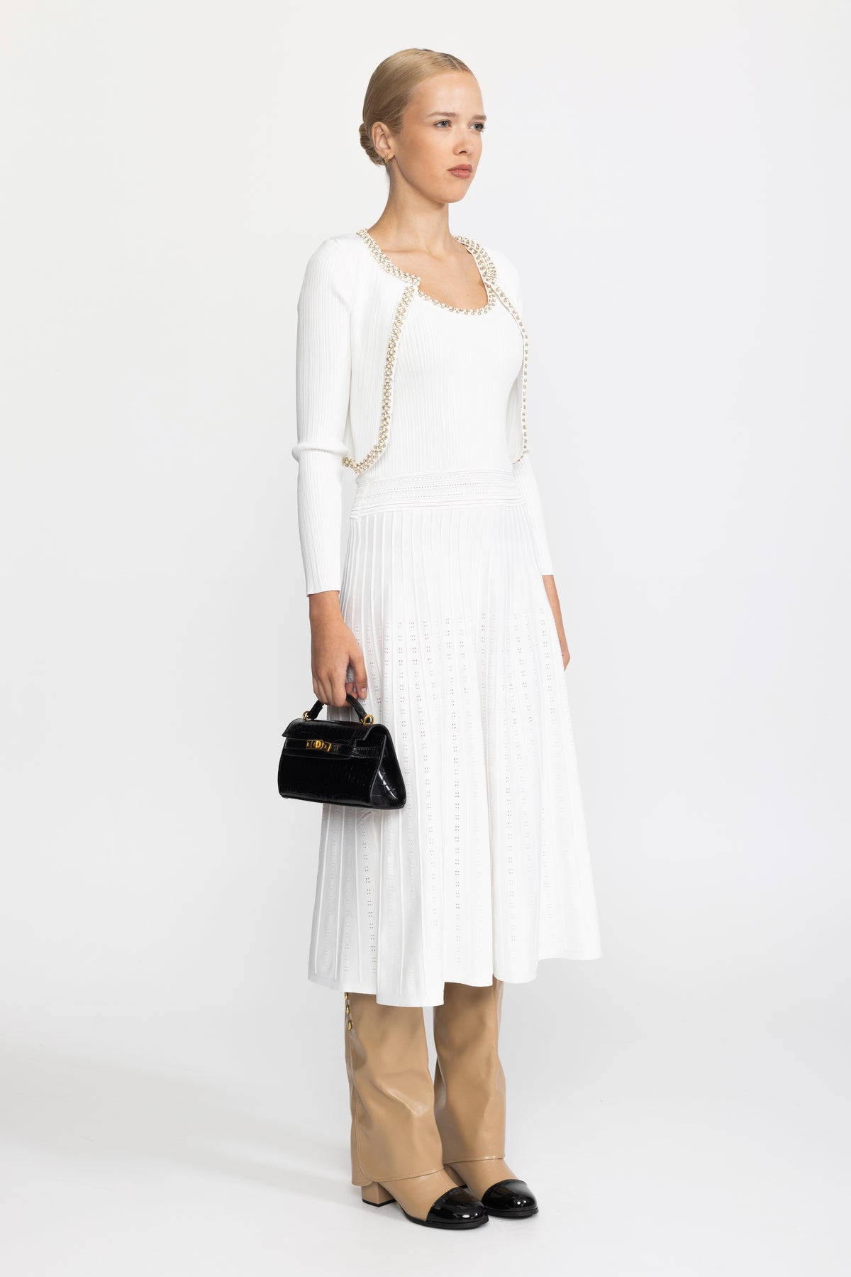 Robe midi en maille à débardeur bordée de perles avec boléro - Blanc 