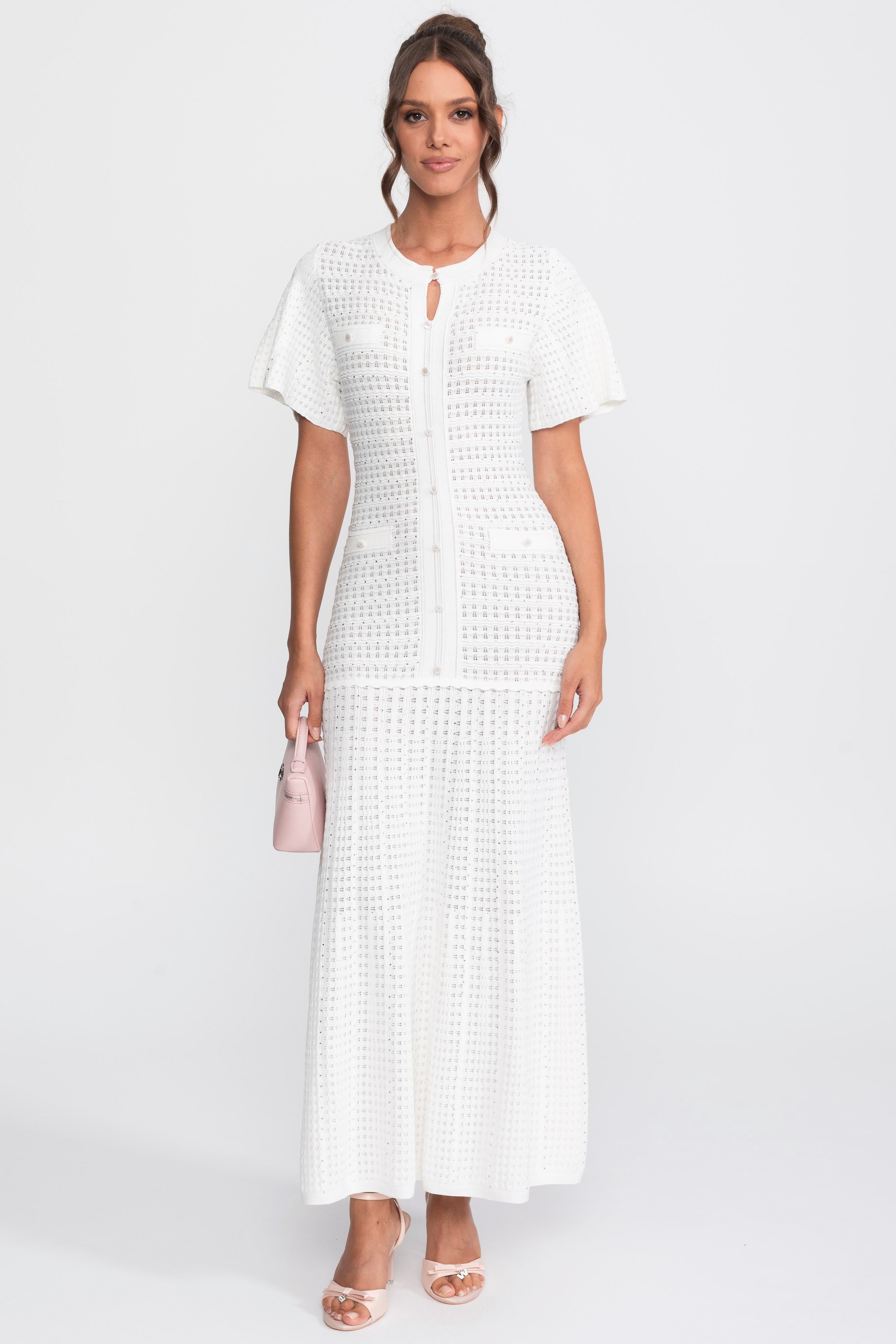 Robe midi à manches courtes avec texture en maille scintillante - Blanc 