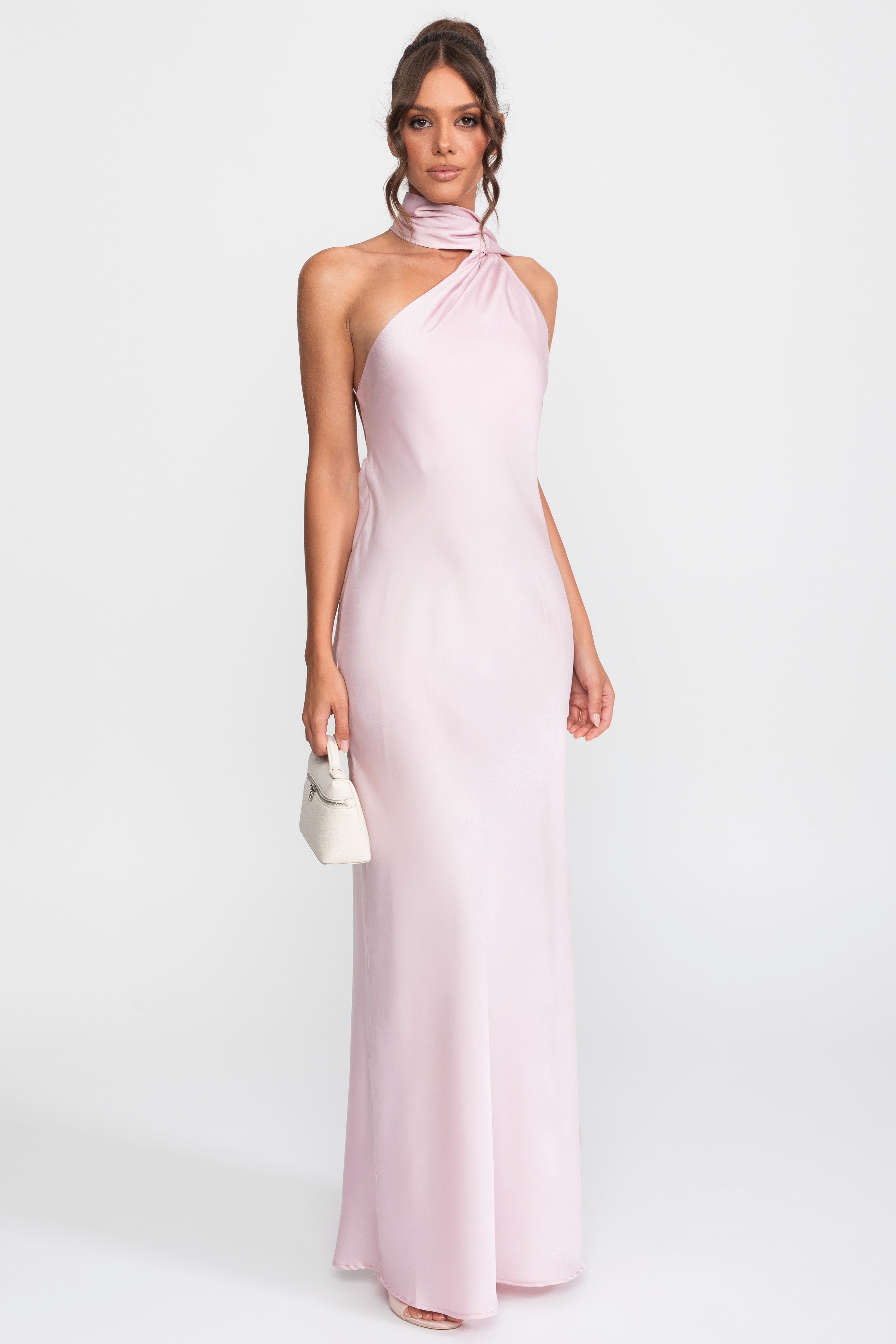 Robe slip en satin à col halter twist avec encolure asymétrique - Rose 