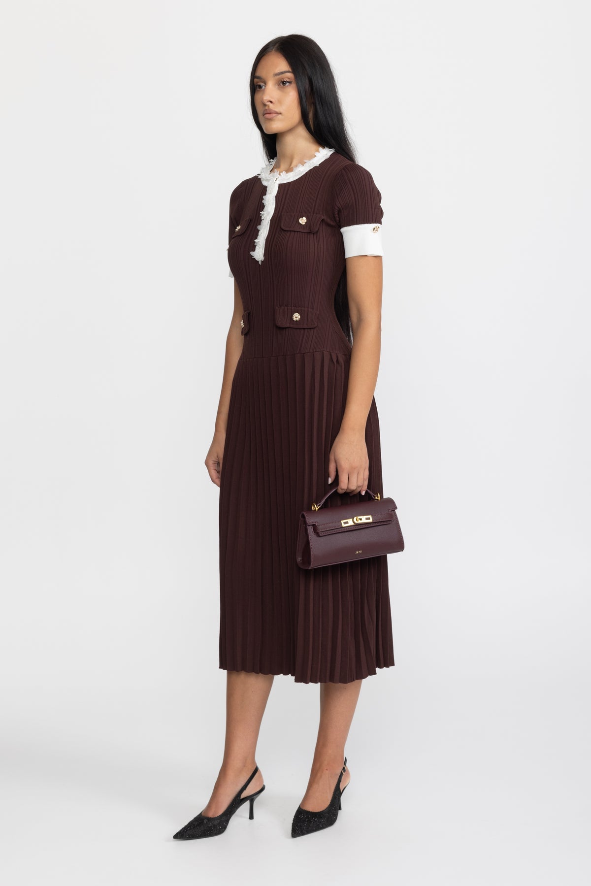 Robe midi en maille plissée à finitions volantées - Chocolate 