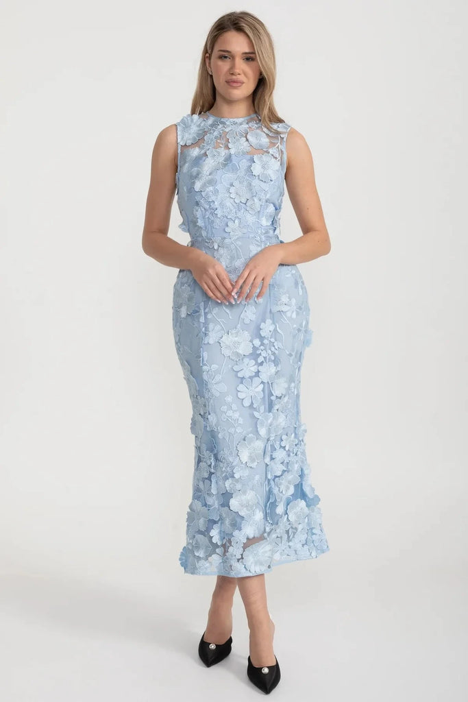 Robe Transparente À Taille Cintrée Avec Appliques Florales - Light Blue 
