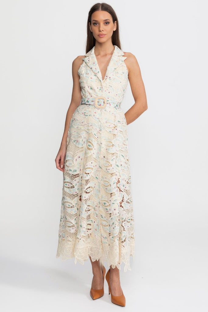 Robe Midi en Dentelle à Col Halter avec Taille Ceinturée – Ivoire 