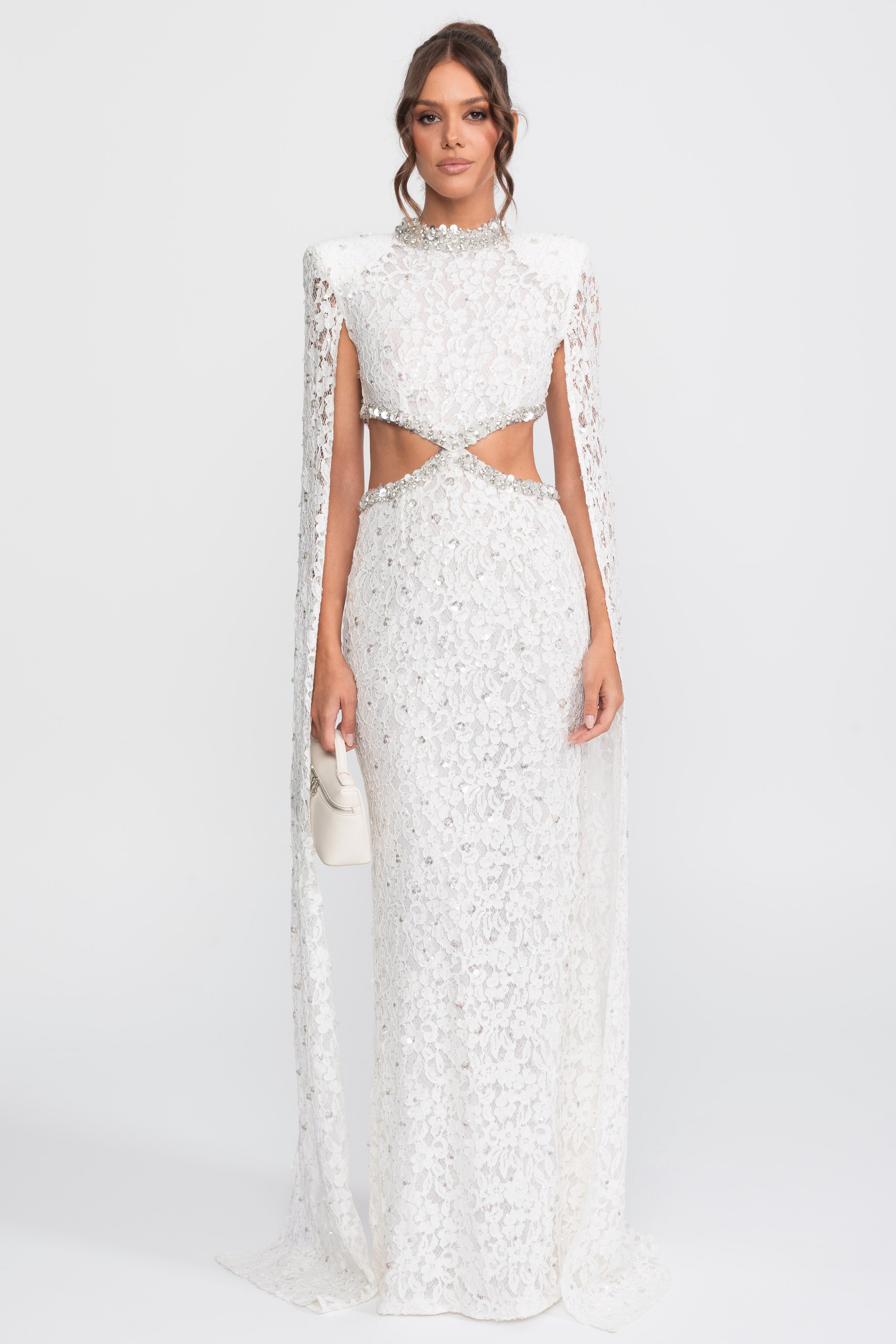 Robe en dentelle à découpes en cristal avec ornements de sequins - Blanc 