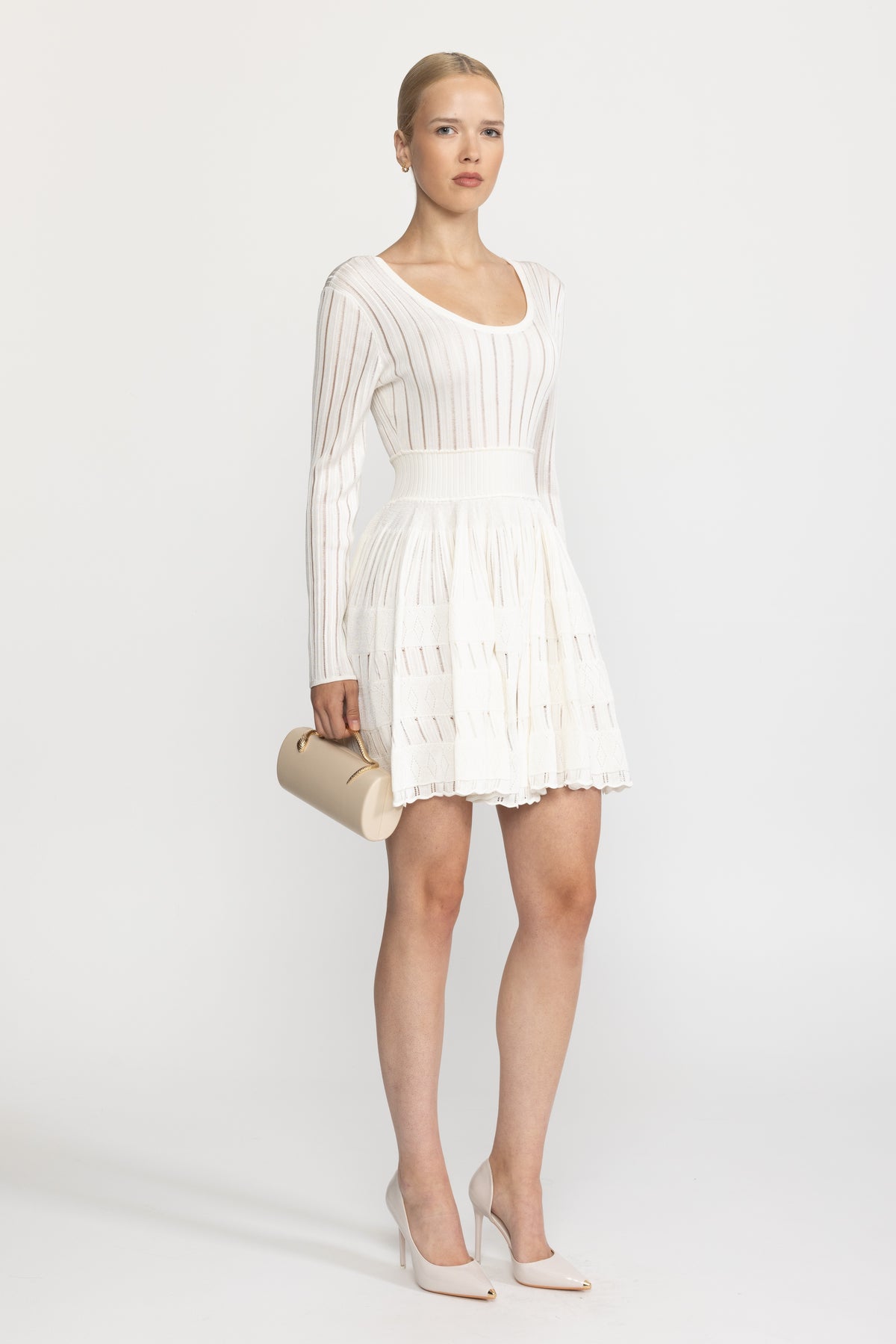 Robe mini patineuse à encolure dégagée en maille ladder - Blanc 