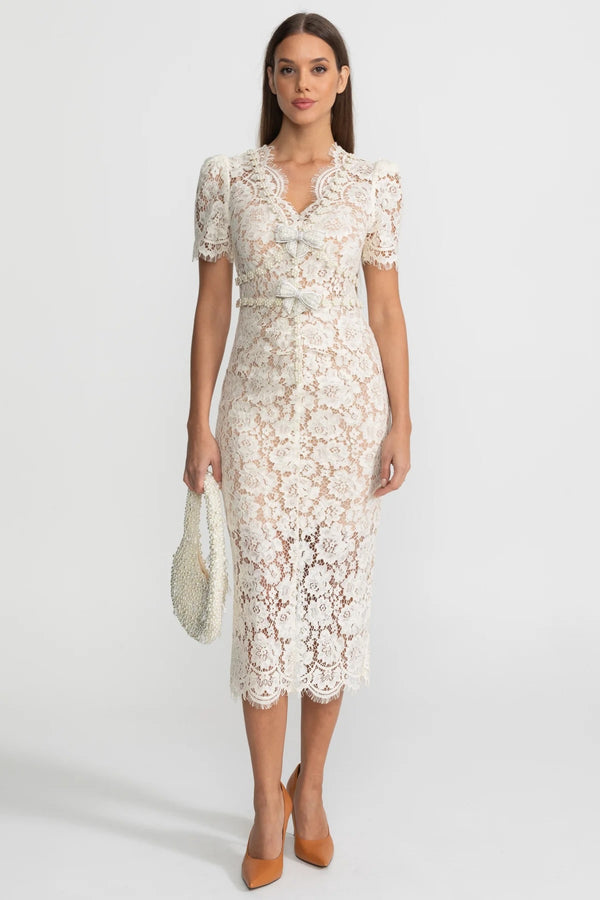 Robe Midi en Dentelle Ornée avec Détail Nœud – Ivoire 