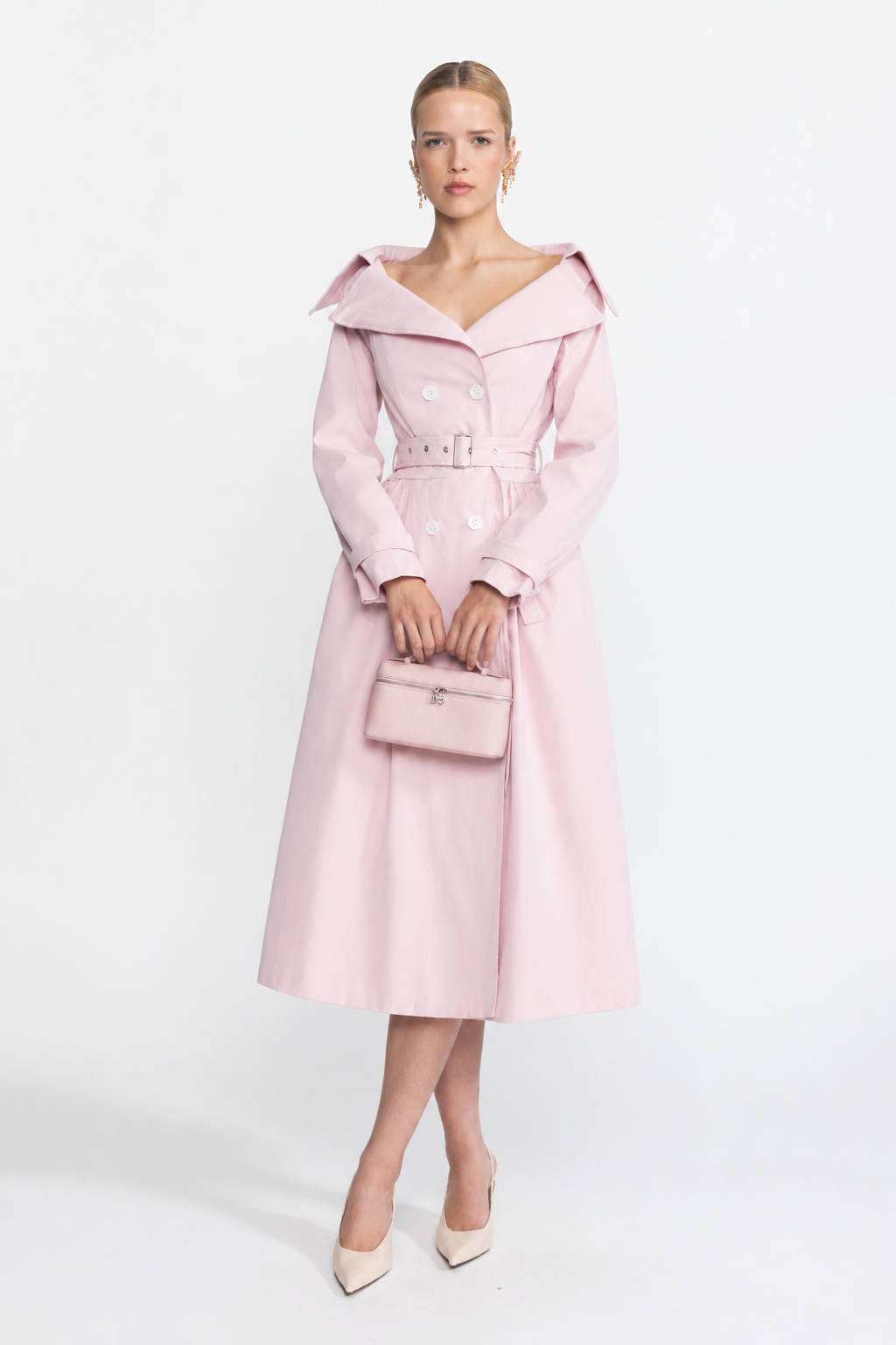 Robe trench ceinturée à col épaules dénudées - rose 