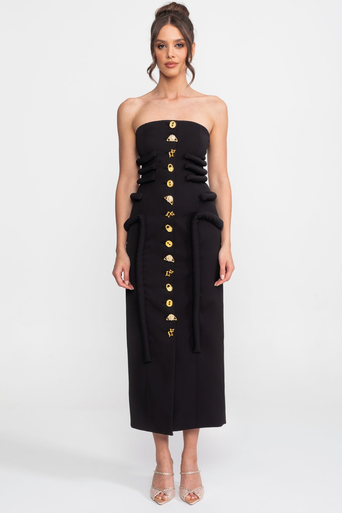 Midi Dress With Sculptural Knotted Bodice Detail And Jewel Buttons - Black