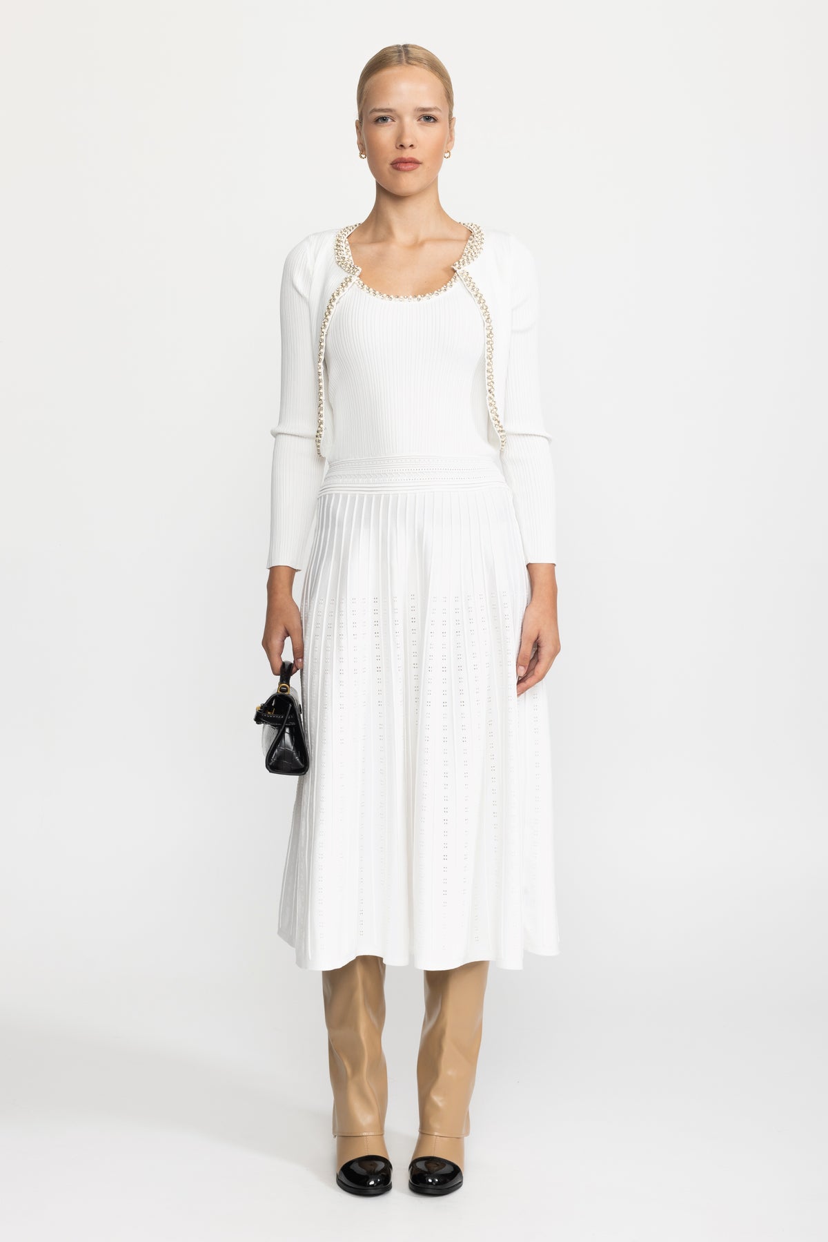 Robe midi en maille à débardeur bordée de perles avec boléro - Blanc 