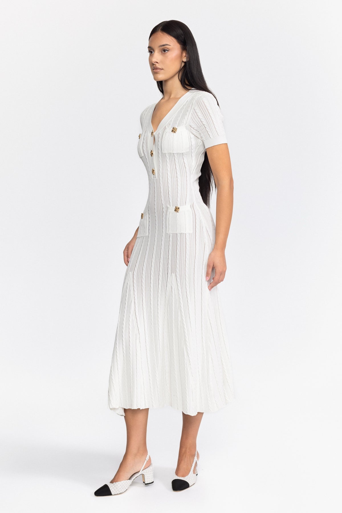 Cable Knit Jewel-Button Midi Dress - White