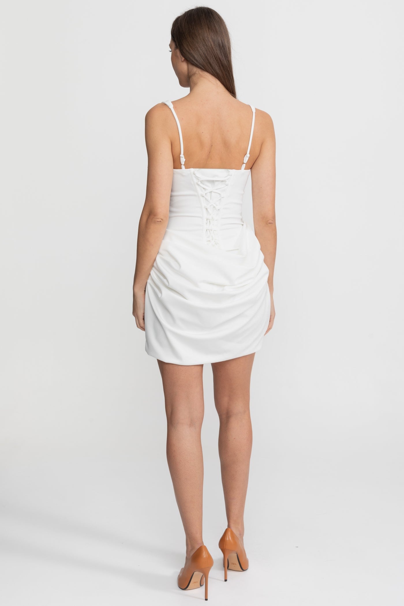 Robe Mini Corset avec Détail Jupe Froncée – Blanc 