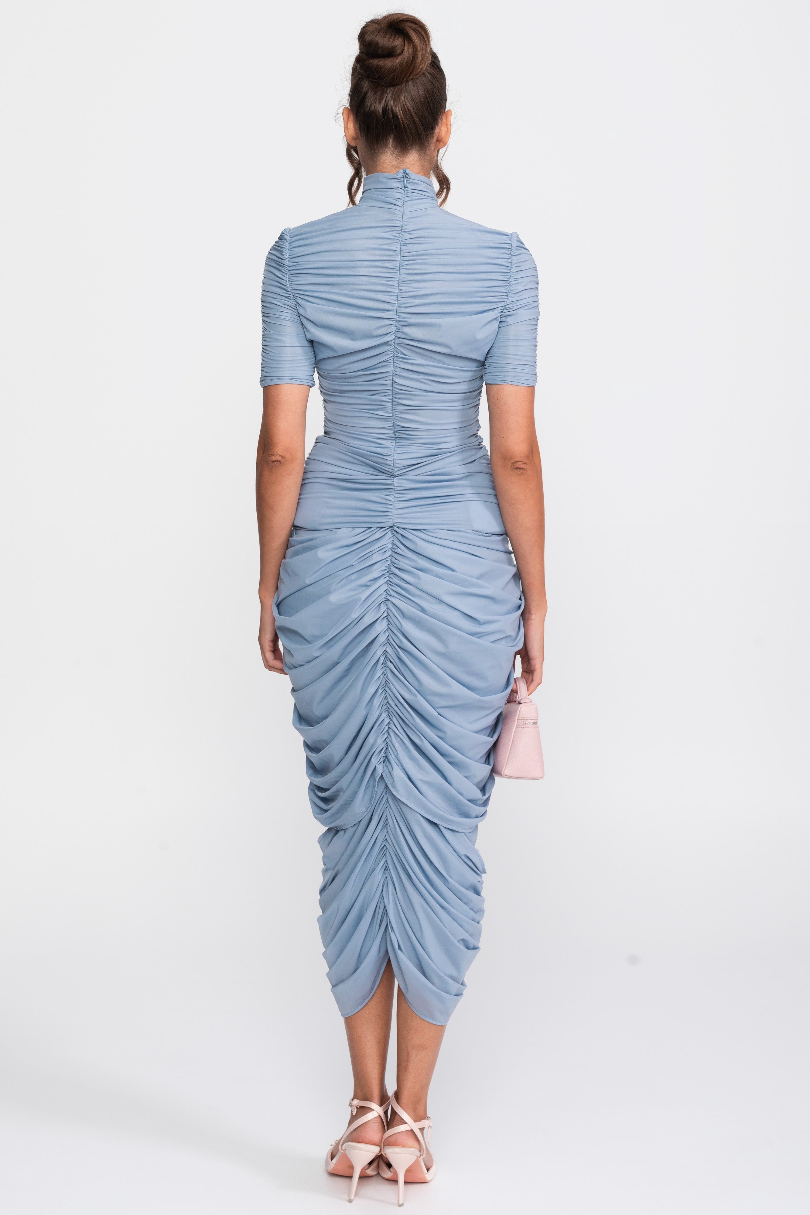 Rosette Co-Ord Set With Ruched Top And Matching Midi Skirt - Blue