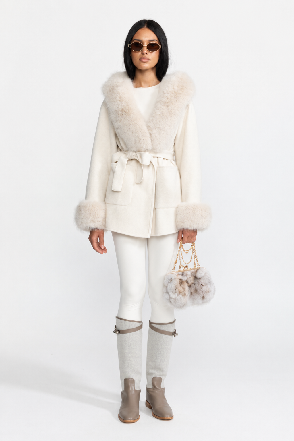 Hooded Belted Cashmere-Blend Coat with Fur Trim - Ivoire