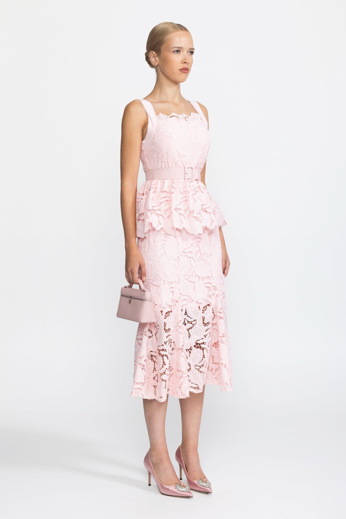 Robe midi à basque en dentelle guipure - Rose 