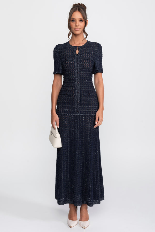 Robe Midi à Manches Courtes avec Texture Tricotée Scintillante - Navy 