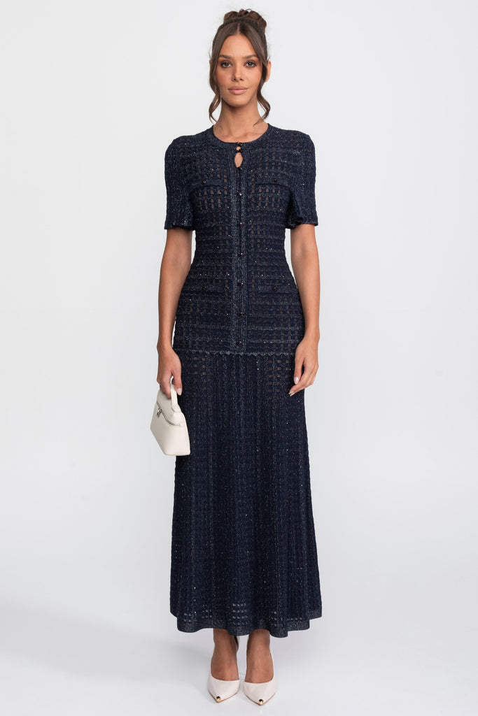 Robe Midi à Manches Courtes avec Texture Tricotée Scintillante - Navy 