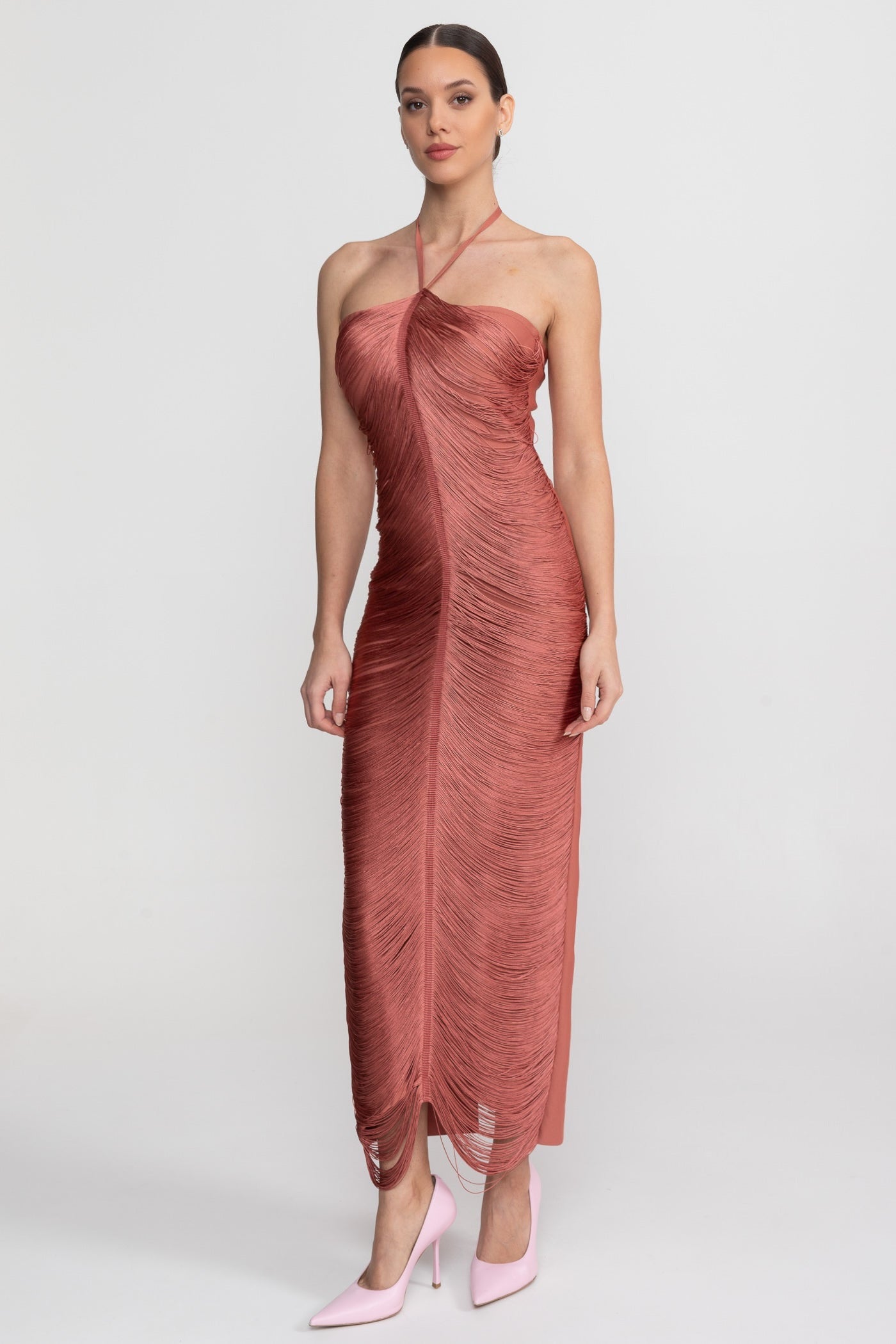 Robe midi à col licou avec texture plissée intégrale - Marron clair 