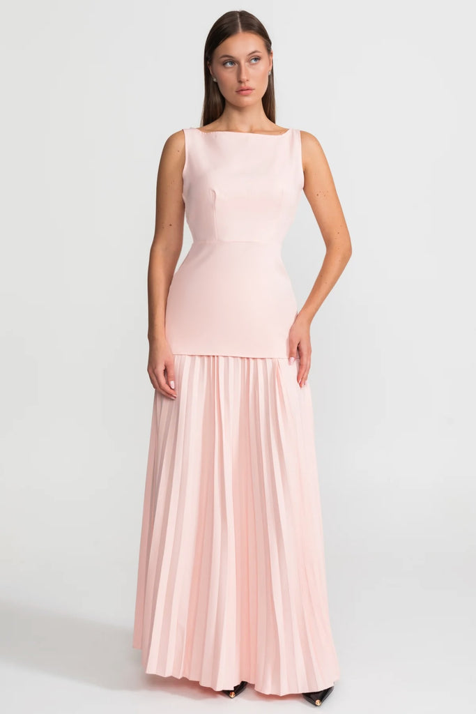 Ensemble Maxi Sans Manches avec Corsage Tailleur et Jupe Plissée - Pêche 
