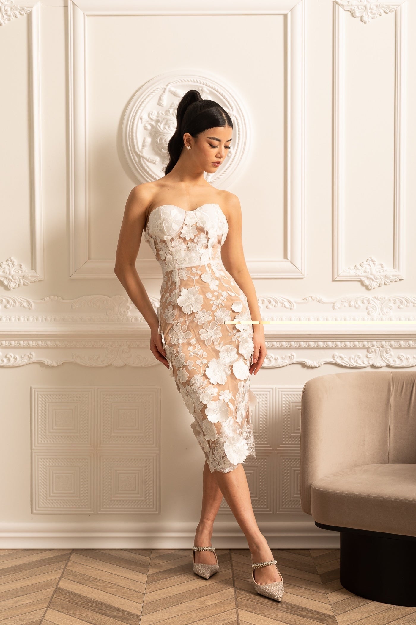 Sheer Embroidered Dress With Intricate Floral Pattern - White