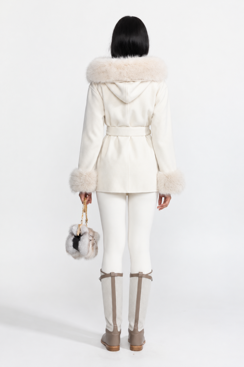 Hooded Belted Cashmere-Blend Coat with Fur Trim - Ivoire