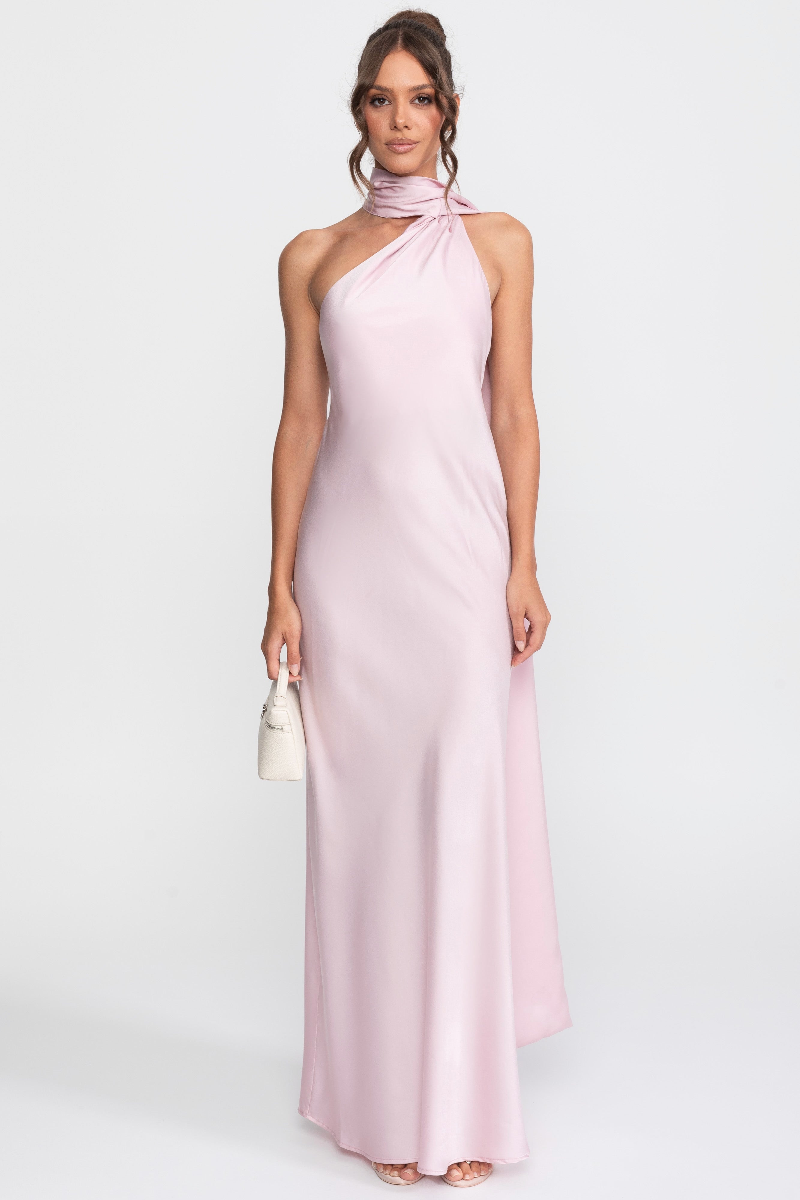 Robe slip en satin à col halter twist avec encolure asymétrique - Rose 