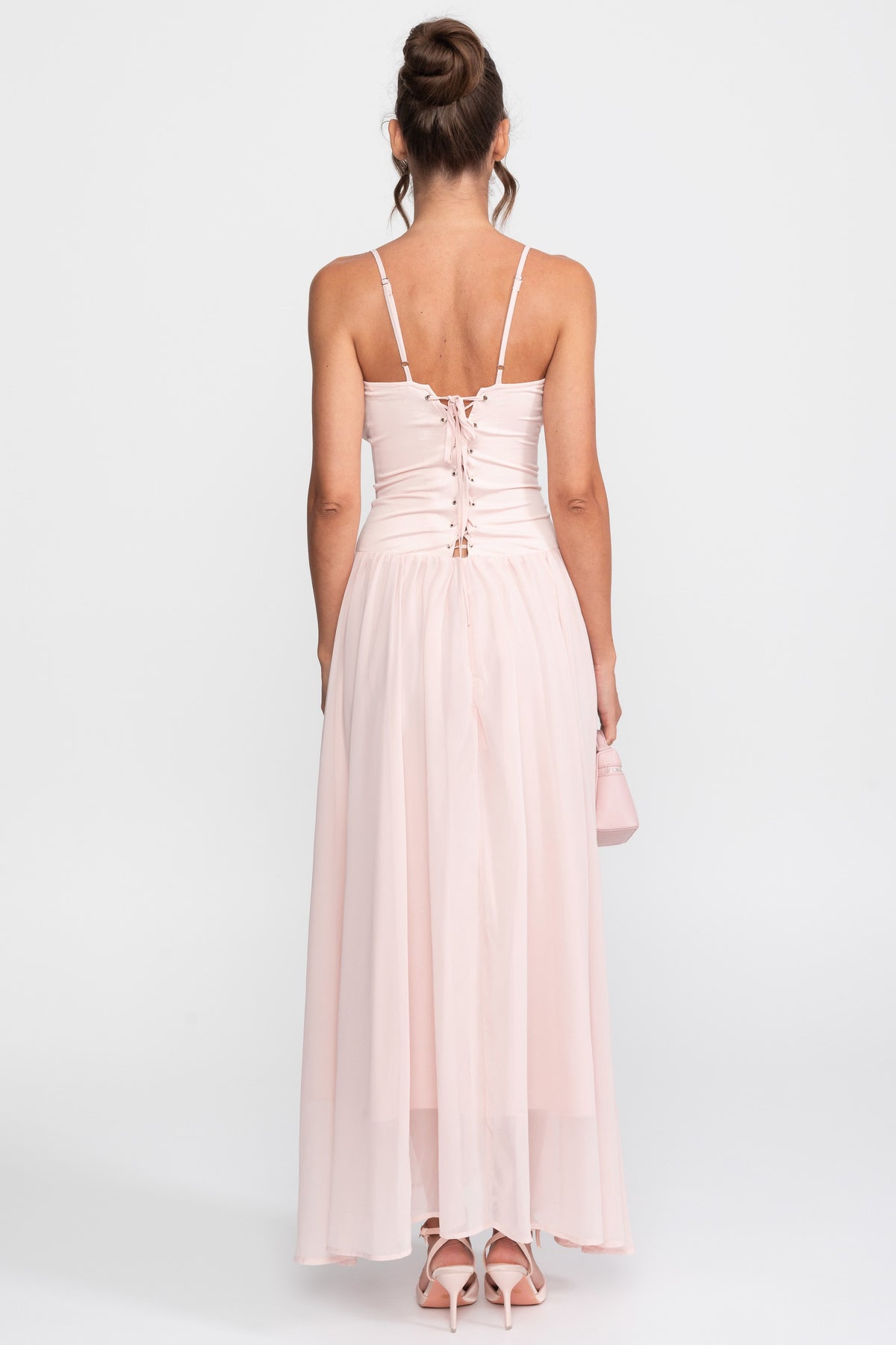 Robe en mousseline avec corsage corset et taille basse - Rose 