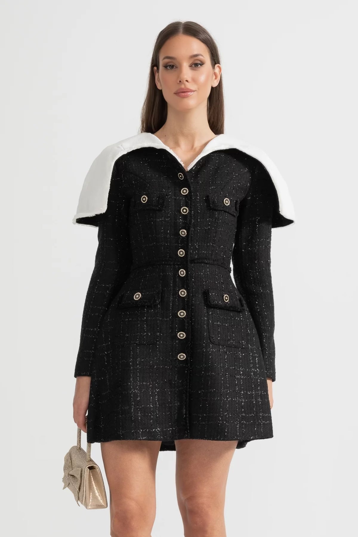 Robe en tweed texturé à manches longues avec grandes pattes d'épaule distinctives - Noir 