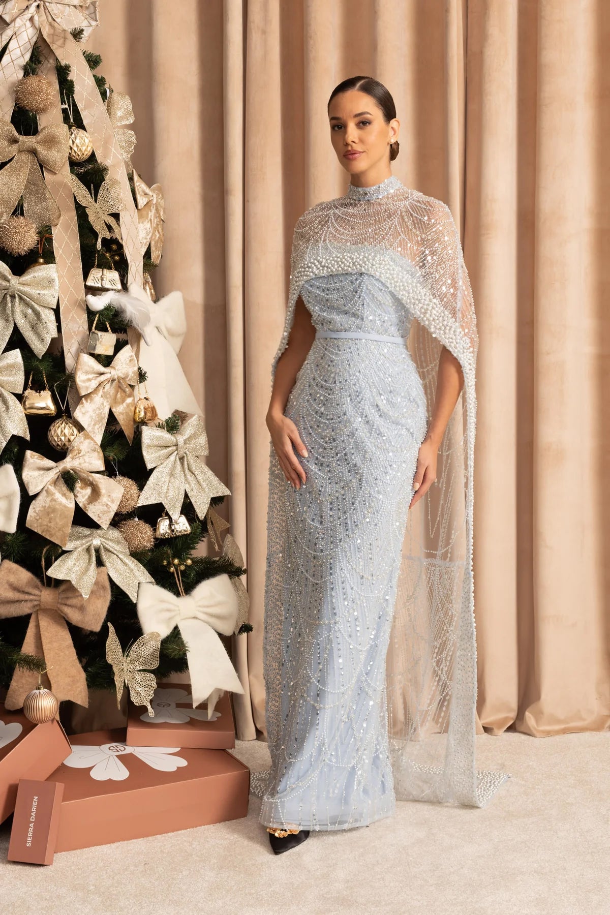 Robe glamour ornée de perles avec voile amovible - Bleu 