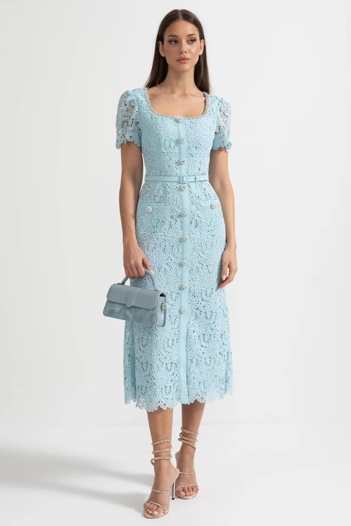 Robe Midi en Dentelle Azur Délicate - Baby Blue 