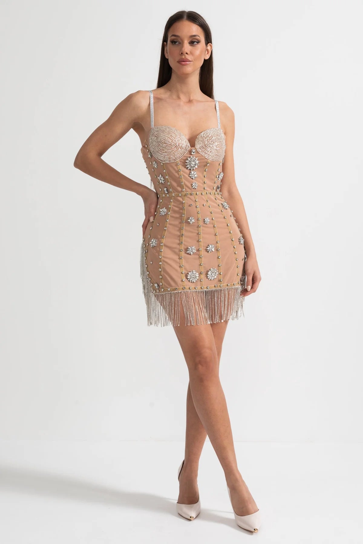 Mini Dress With Fitted Bodice, Silver Beading Accents And Sparkling Fringed Hem - Beige