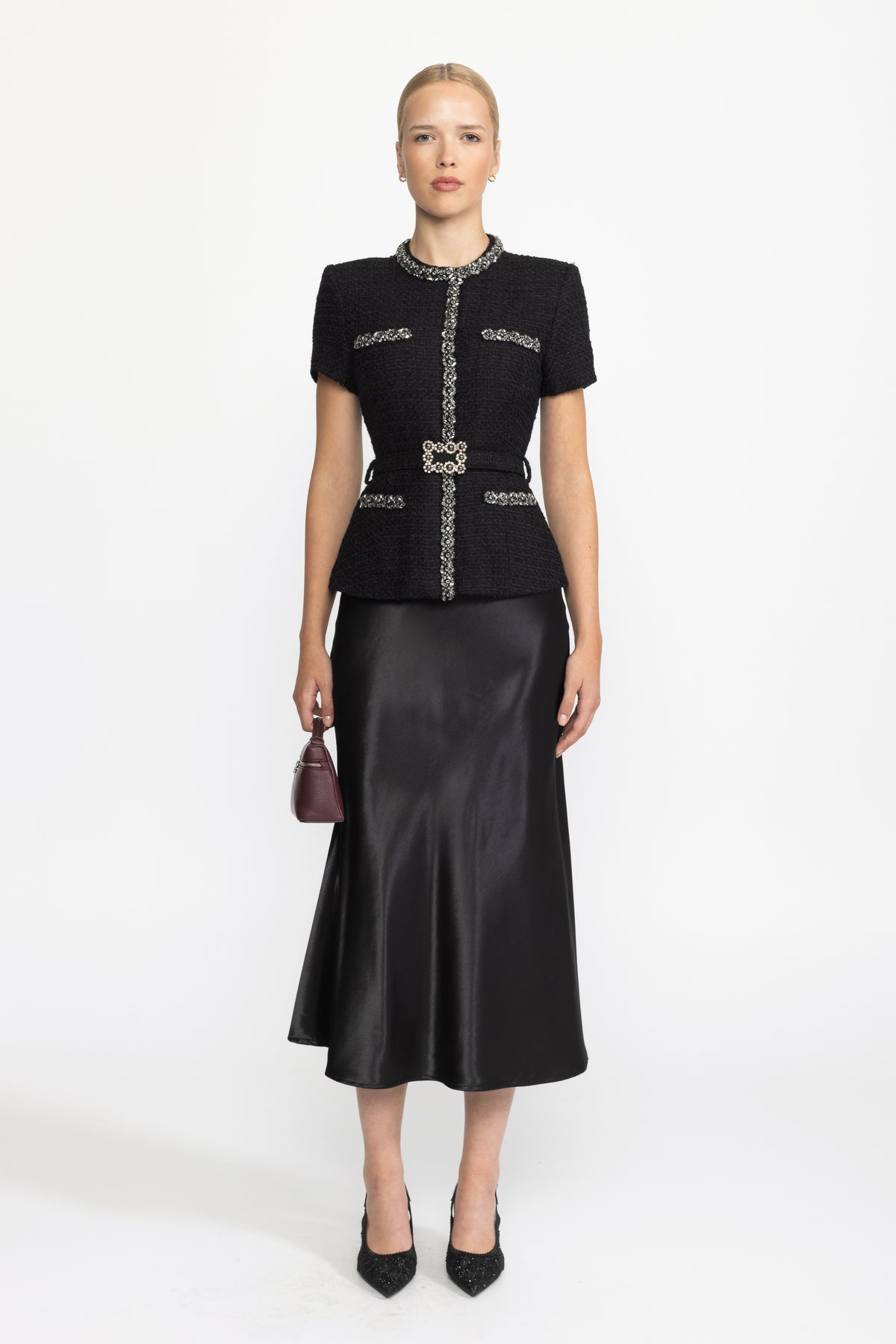 Robe midi à basque en tweed et satin ornée de cristaux - Noir 