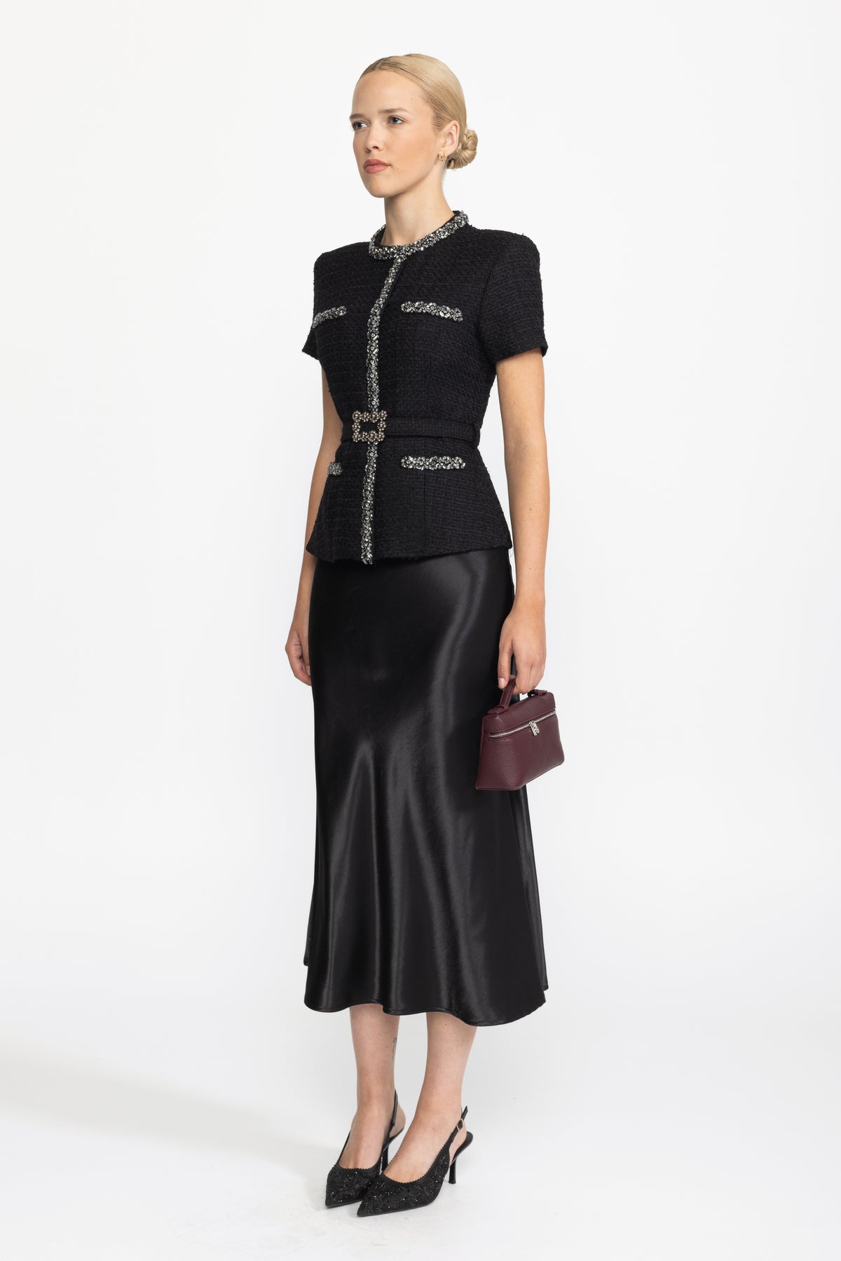 Robe midi à basque en tweed et satin ornée de cristaux - Noir 