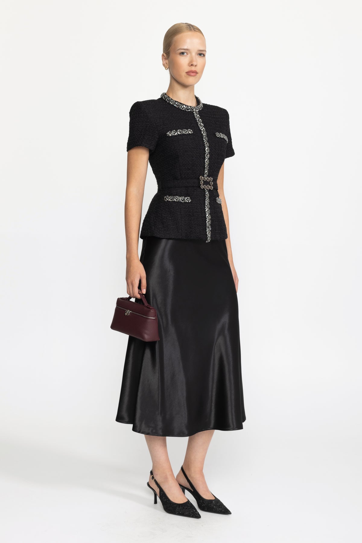 Robe midi à basque en tweed et satin ornée de cristaux - Noir 
