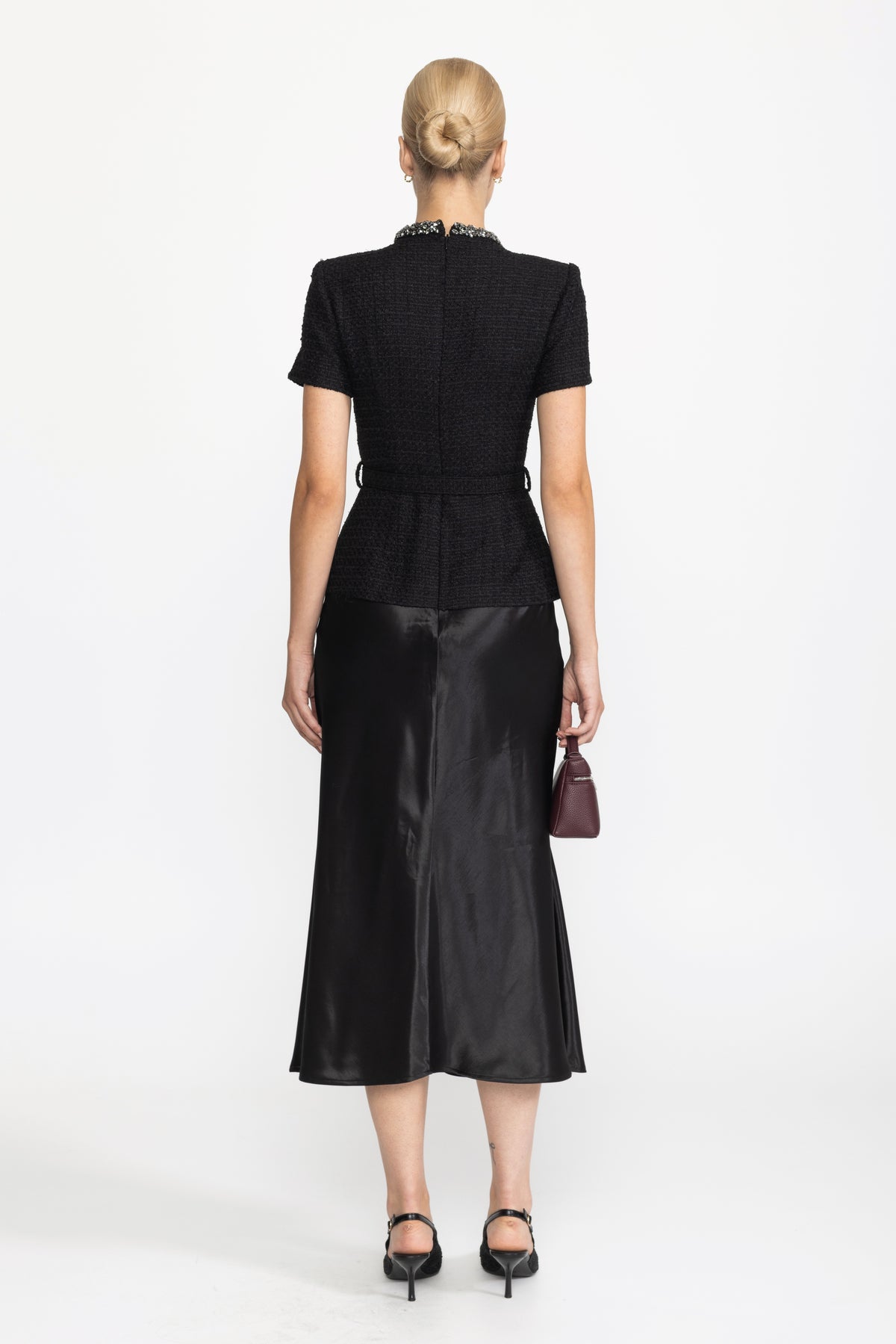 Robe midi à basque en tweed et satin ornée de cristaux - Noir 