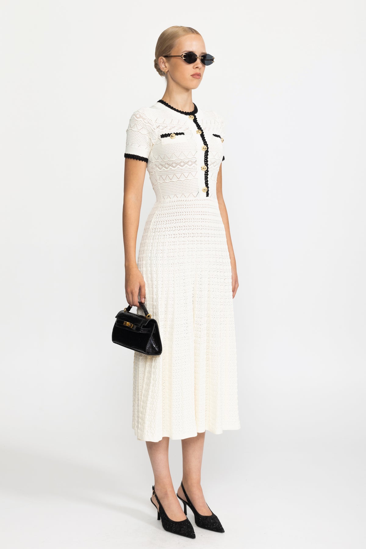 Robe midi ceinturée en maille pointelle - Ivoire 