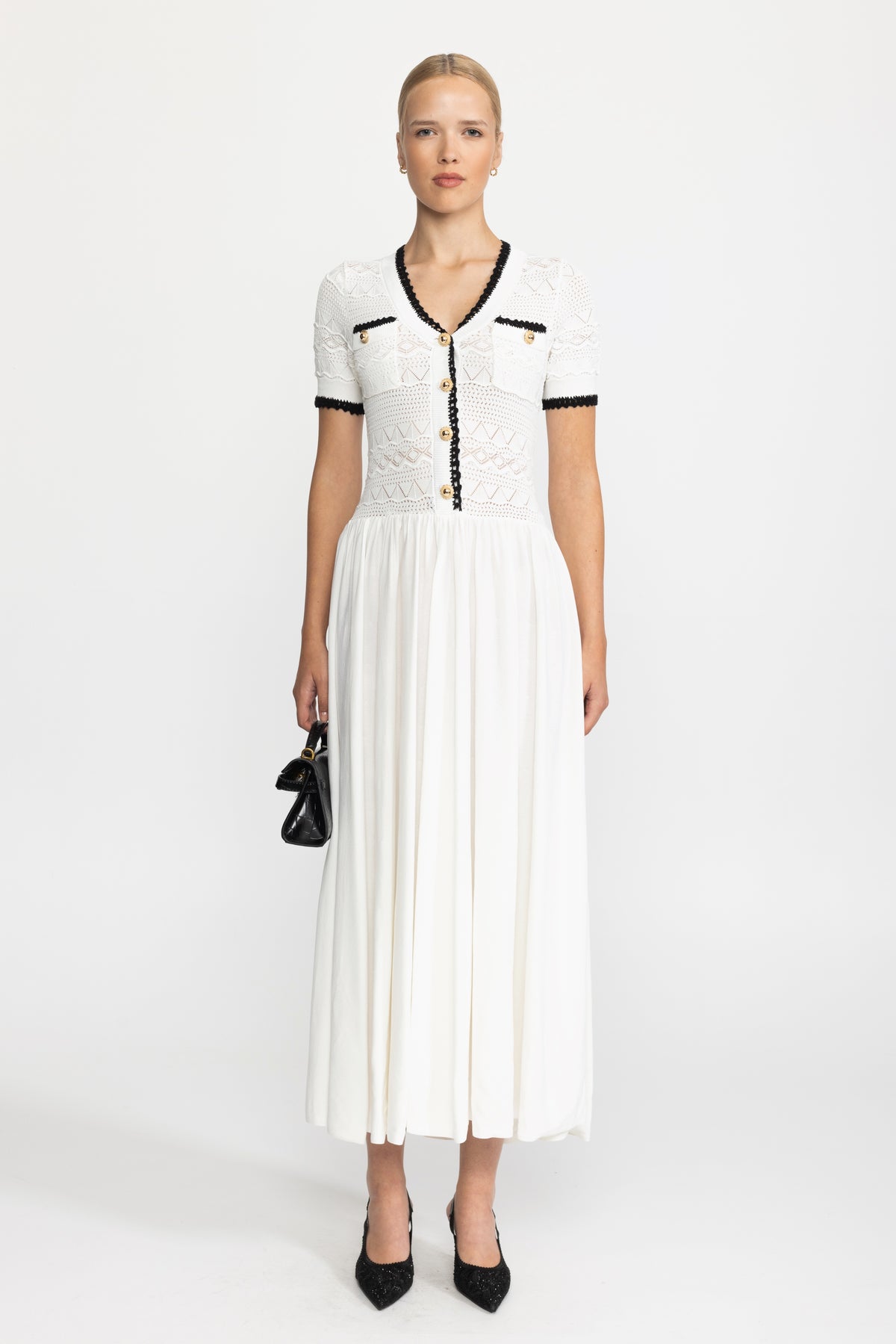 Robe longue ceinturée à corsage en maille pointelle - Blanc 
