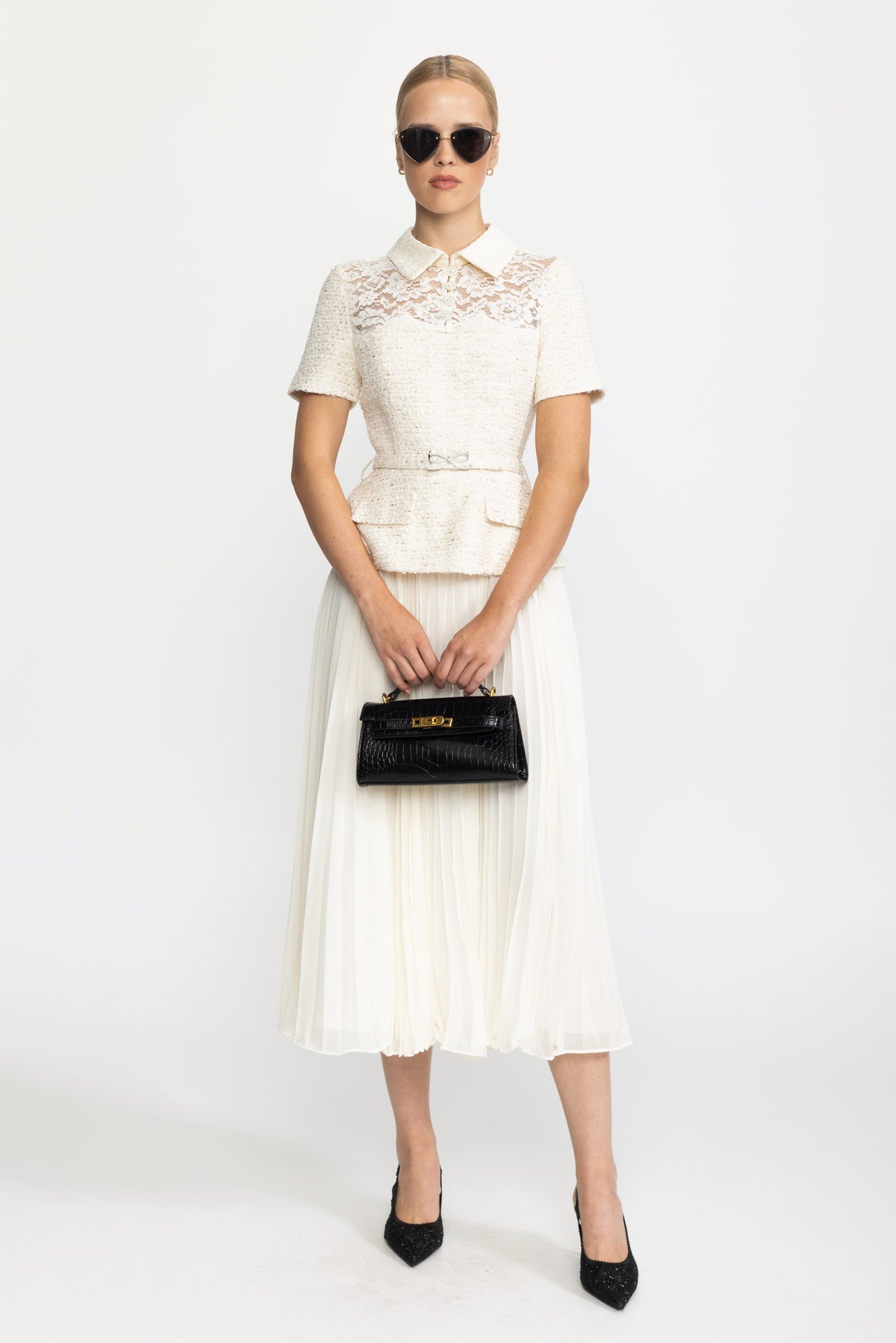Lace Yoke Tweed Peplum Dress with Pleated Skirt - Ivoire