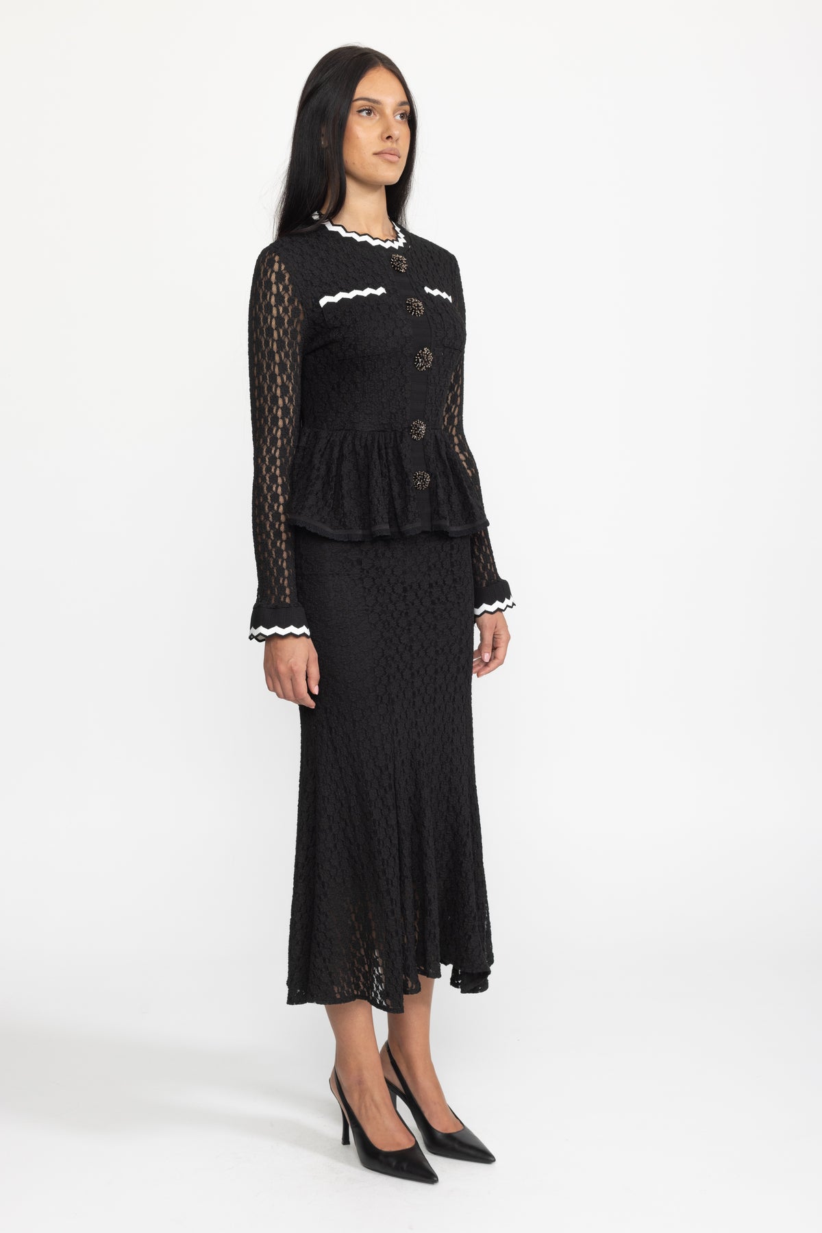 Robe midi en maille crochet à basque avec finitions croquet - noir 