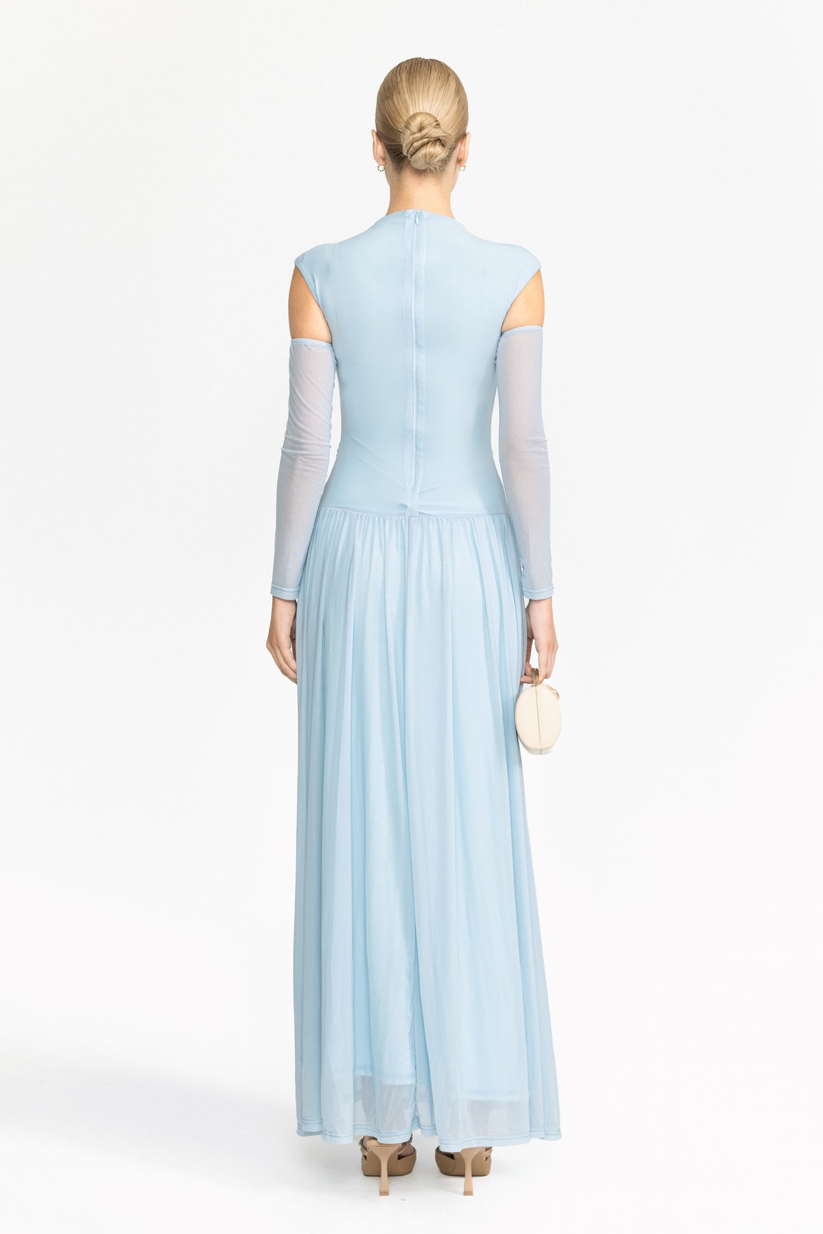 Ruched Mesh Drop Waist Maxi Dress - Sky Blue